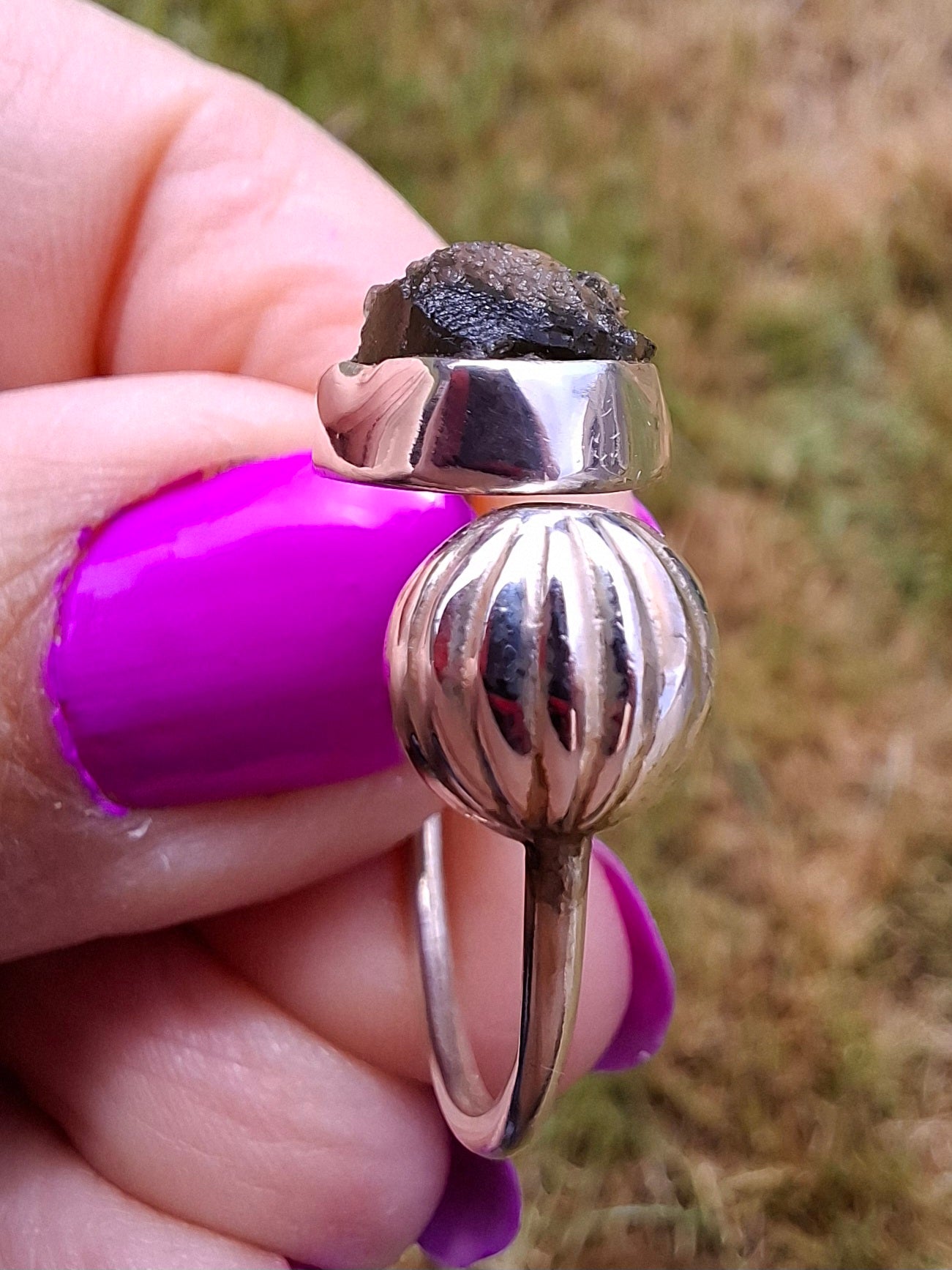 Moldavite ADJUSTABLE Ring, size large V/small W, 925 Silver, Tektite (Ref: AR51)