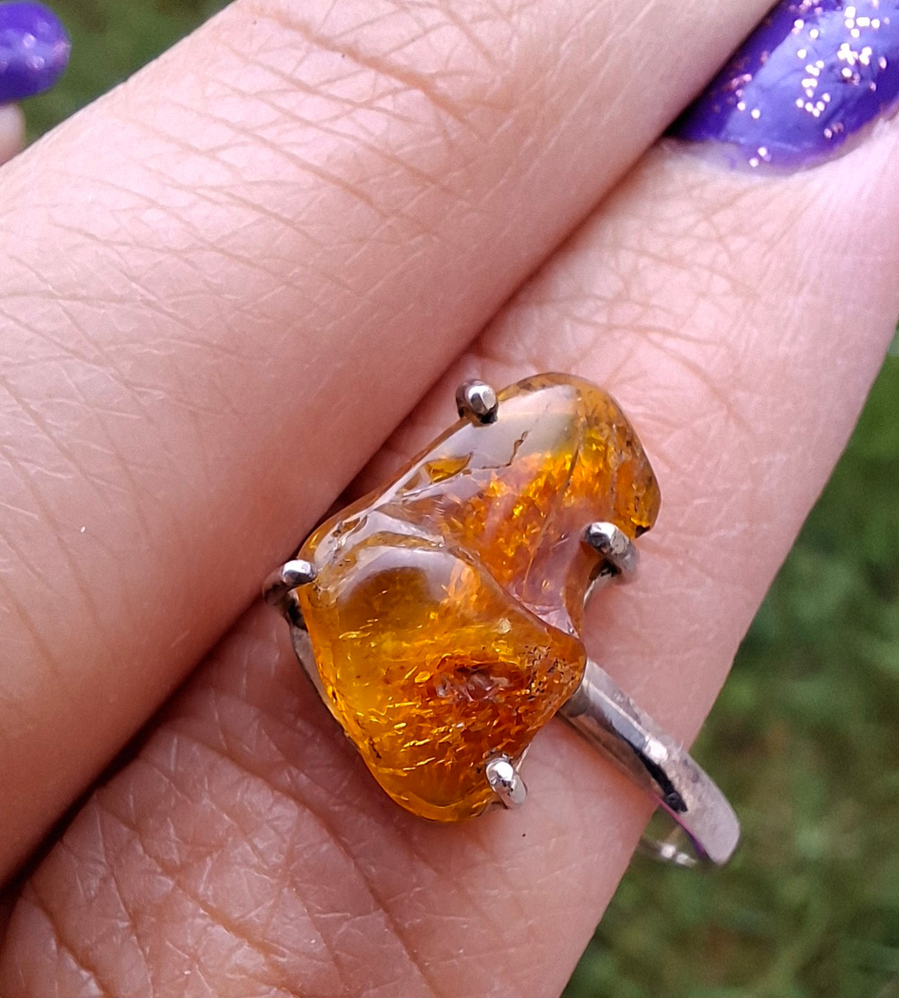 Baltic Amber Ring, size large X, 925 Silver, Fossil (Ref: AR36)