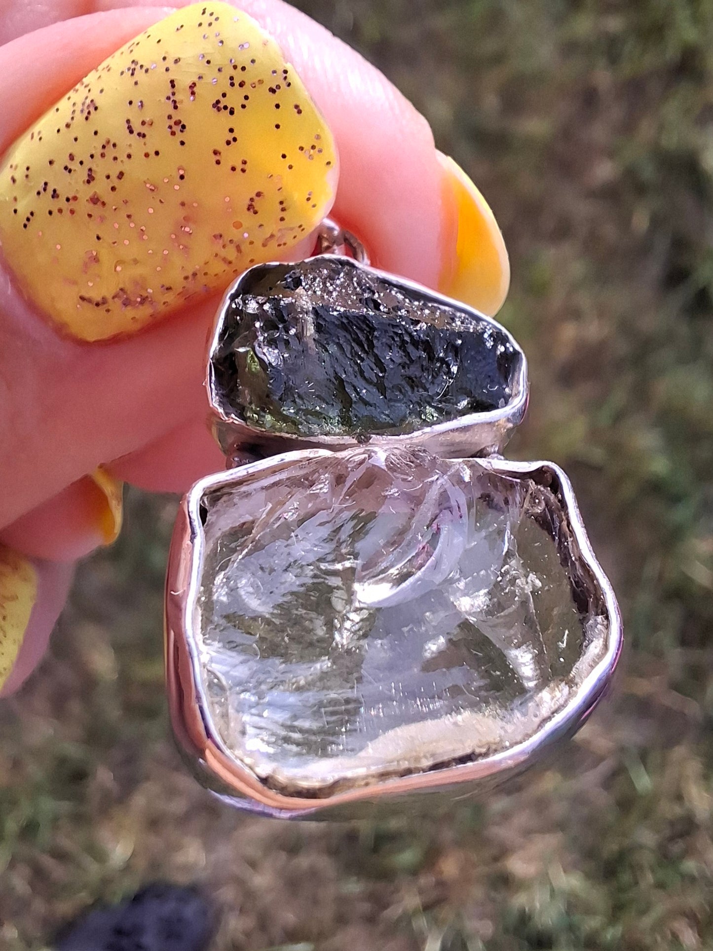 Moldavite & Libyan Desert Glass Pendant, 925 Silver, Tektite (Ref: MLP14)