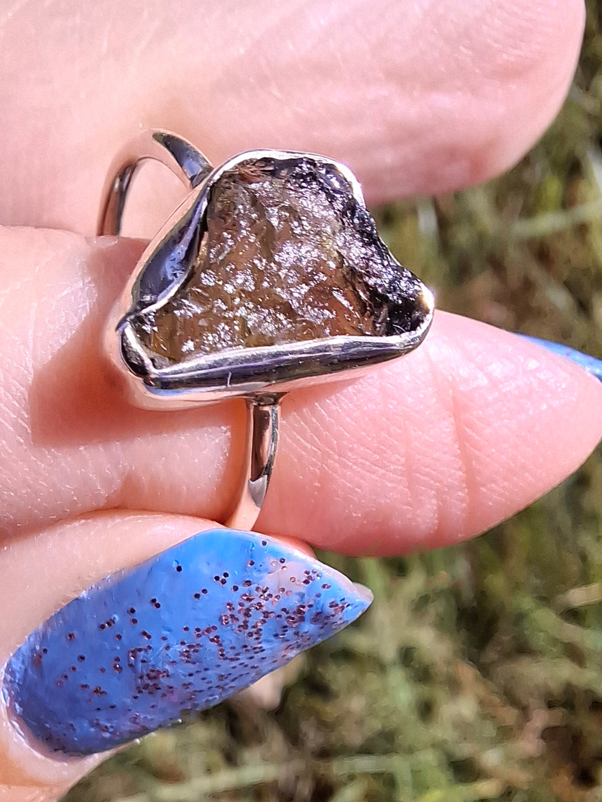 Moldavite Ring, size large M, 925 Silver, Tektite (Ref: R23)
