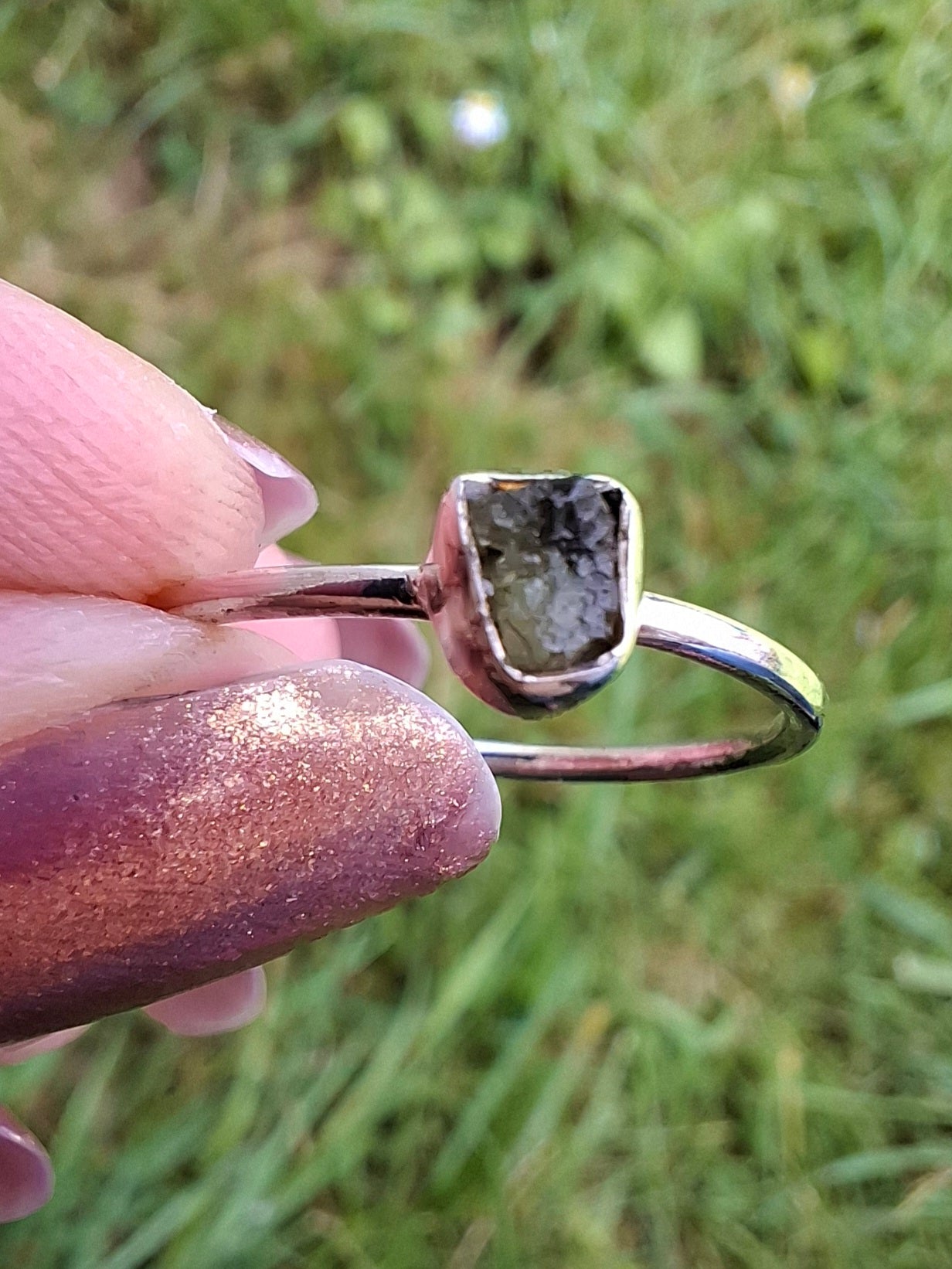Moldavite Ring, size large O/small P, 925 Silver, Tektite (Ref: R41)