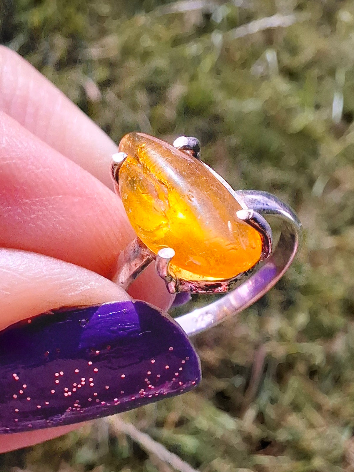 Baltic Amber Ring, size large J/small K, 925 Silver, Fossil (Ref: AR30)