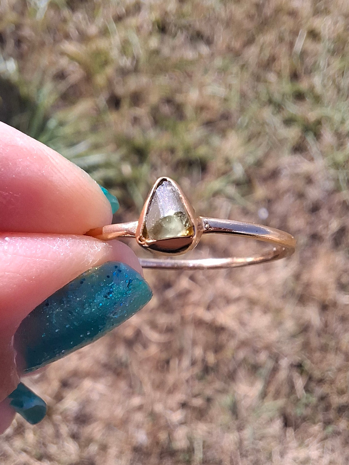 Moldavite Ring, 14K GOLD Plated, size large T, Tektite (Ref: R349)