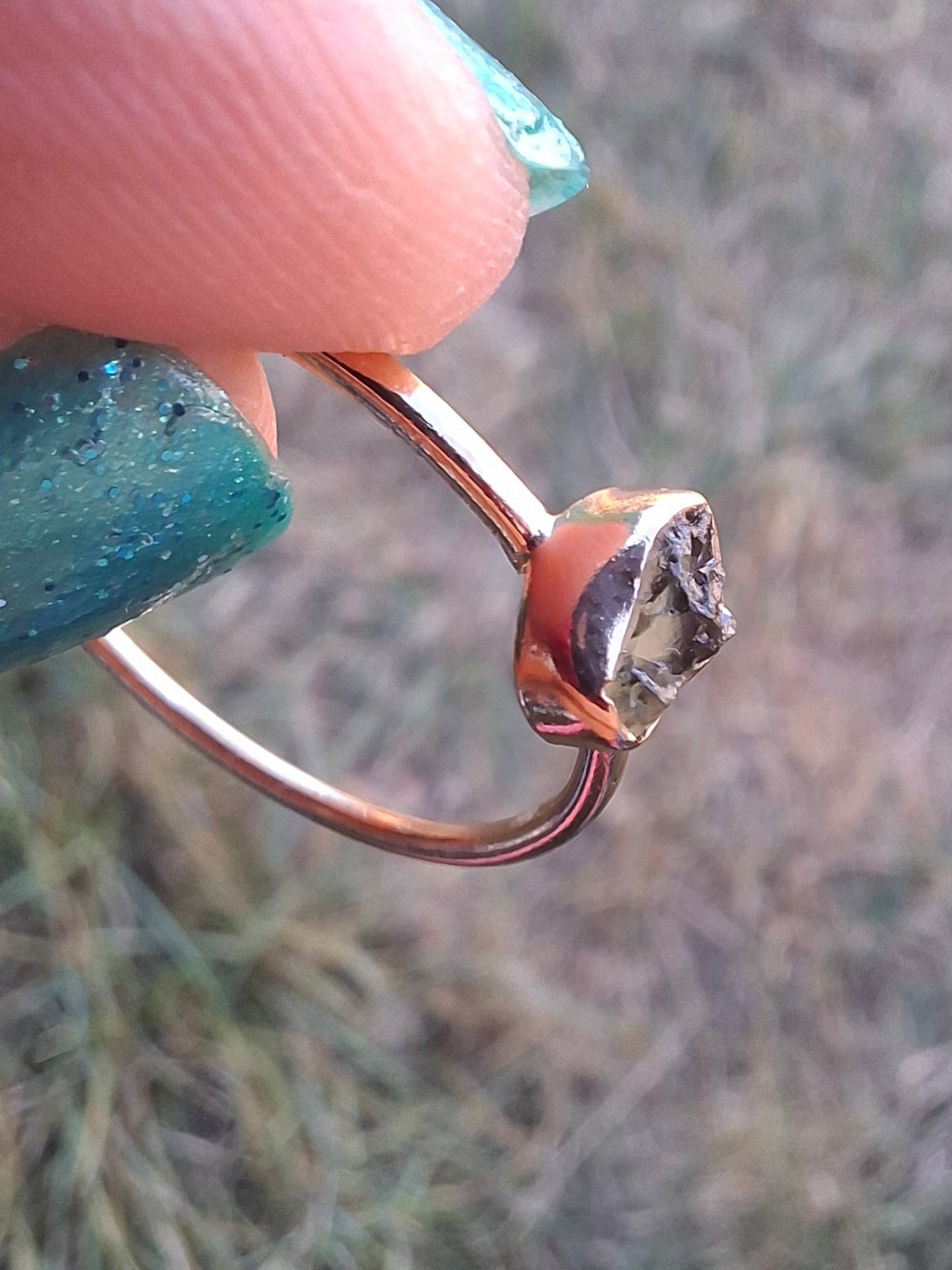 Moldavite Ring, 14K GOLD Plated, size large T, Tektite (Ref: R350)