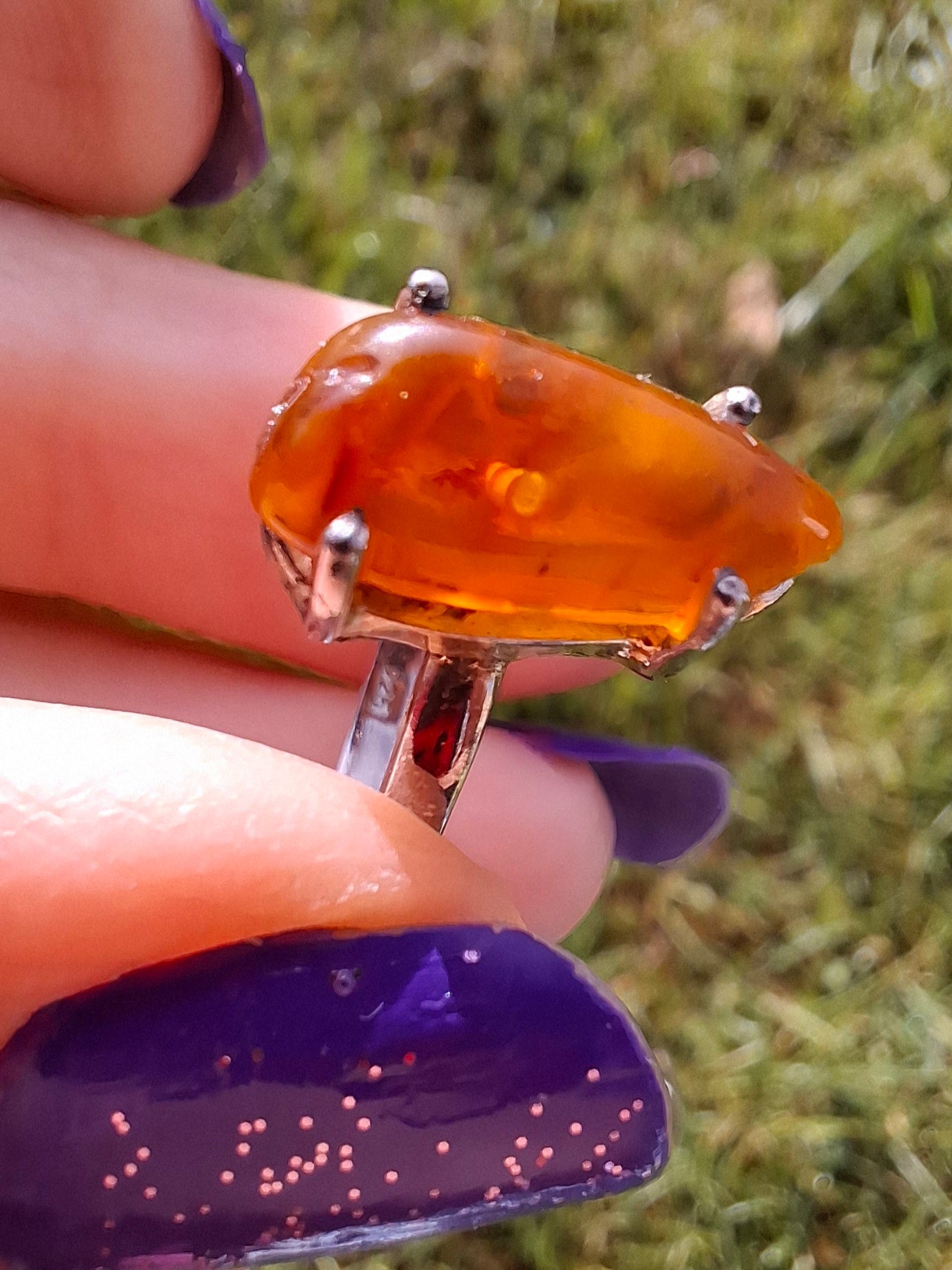 Baltic Amber Ring, size large V, 925 Silver, Fossil (Ref: AR23)