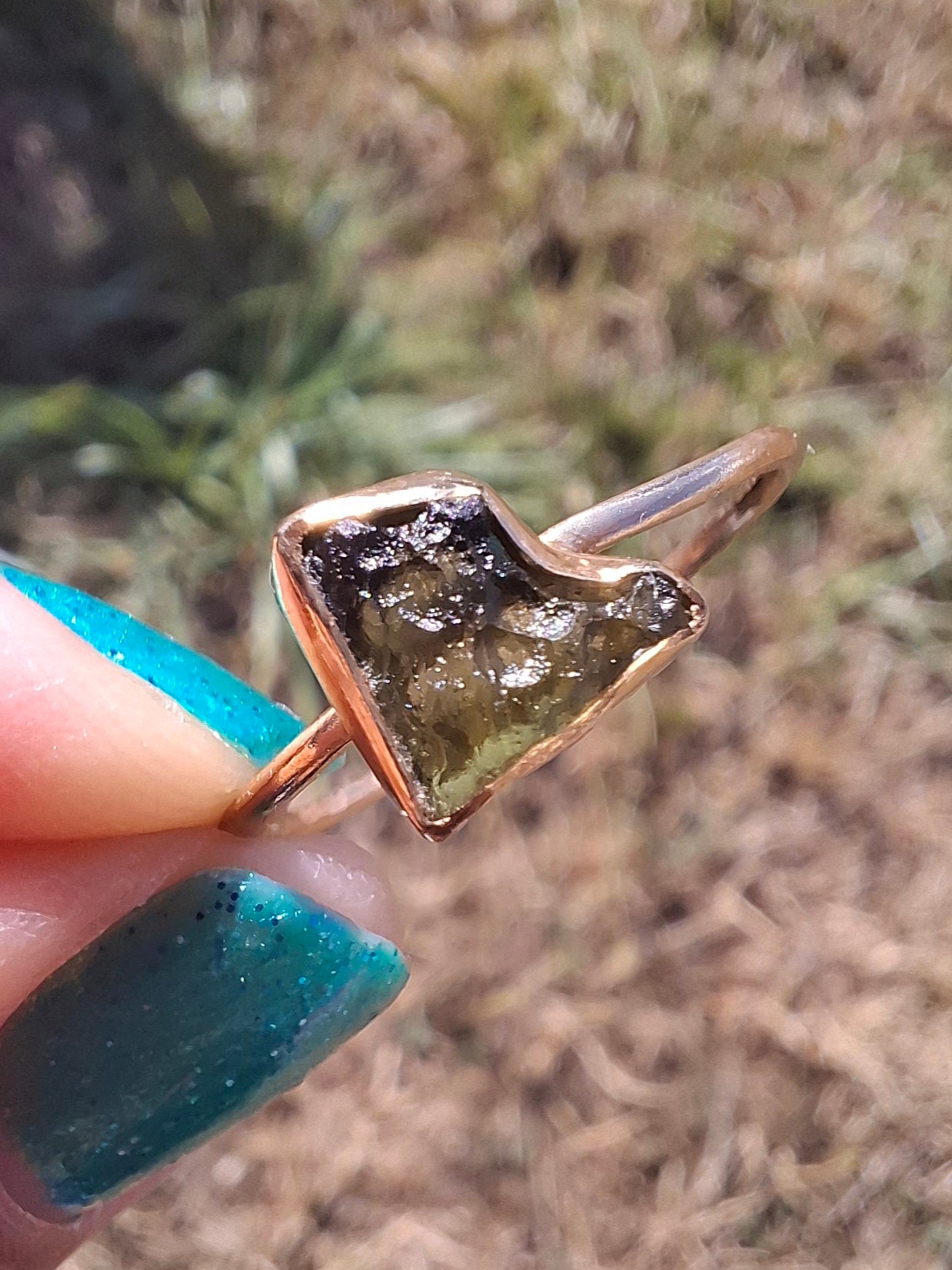 Moldavite Ring, 14K GOLD Plated, size large U, Tektite (Ref: R351)