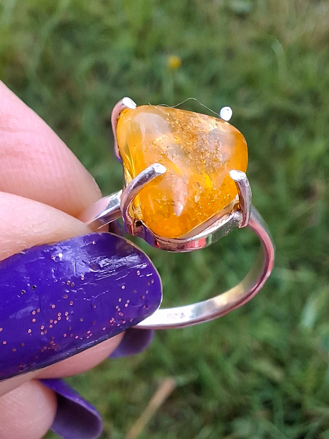 Baltic Amber Ring, size large M, 925 Silver, Fossil (Ref: AR6)