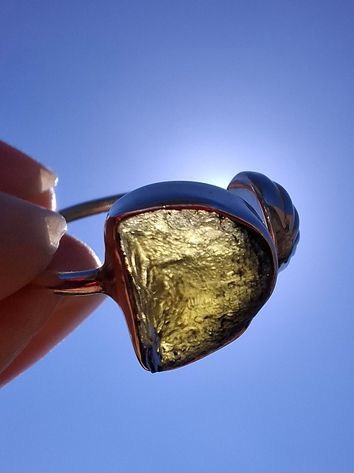 Moldavite ADJUSTABLE Ring, size large N, 925 Silver, Tektite (Ref: AR 39)