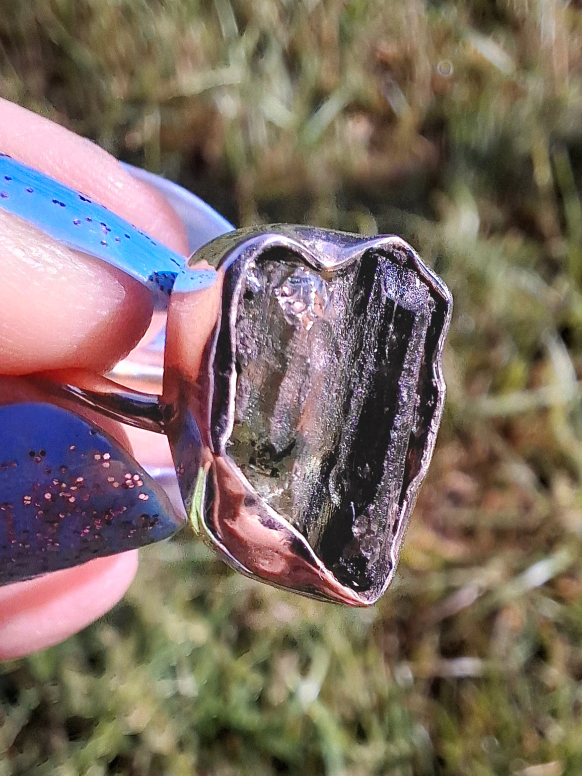 Moldavite Ring, size large N, 925 Silver, Tektite (Ref: R25)