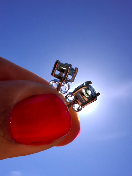 Moldavite (faceted) 5mm STUD EARRINGS, 925 Silver, Tektite (Ref: Pair50)