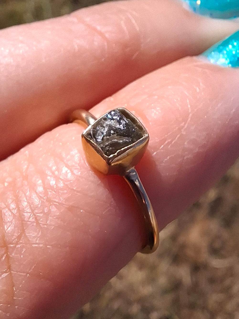 Moldavite Ring, 14K GOLD Plated, size small i, Tektite (Ref: R333)