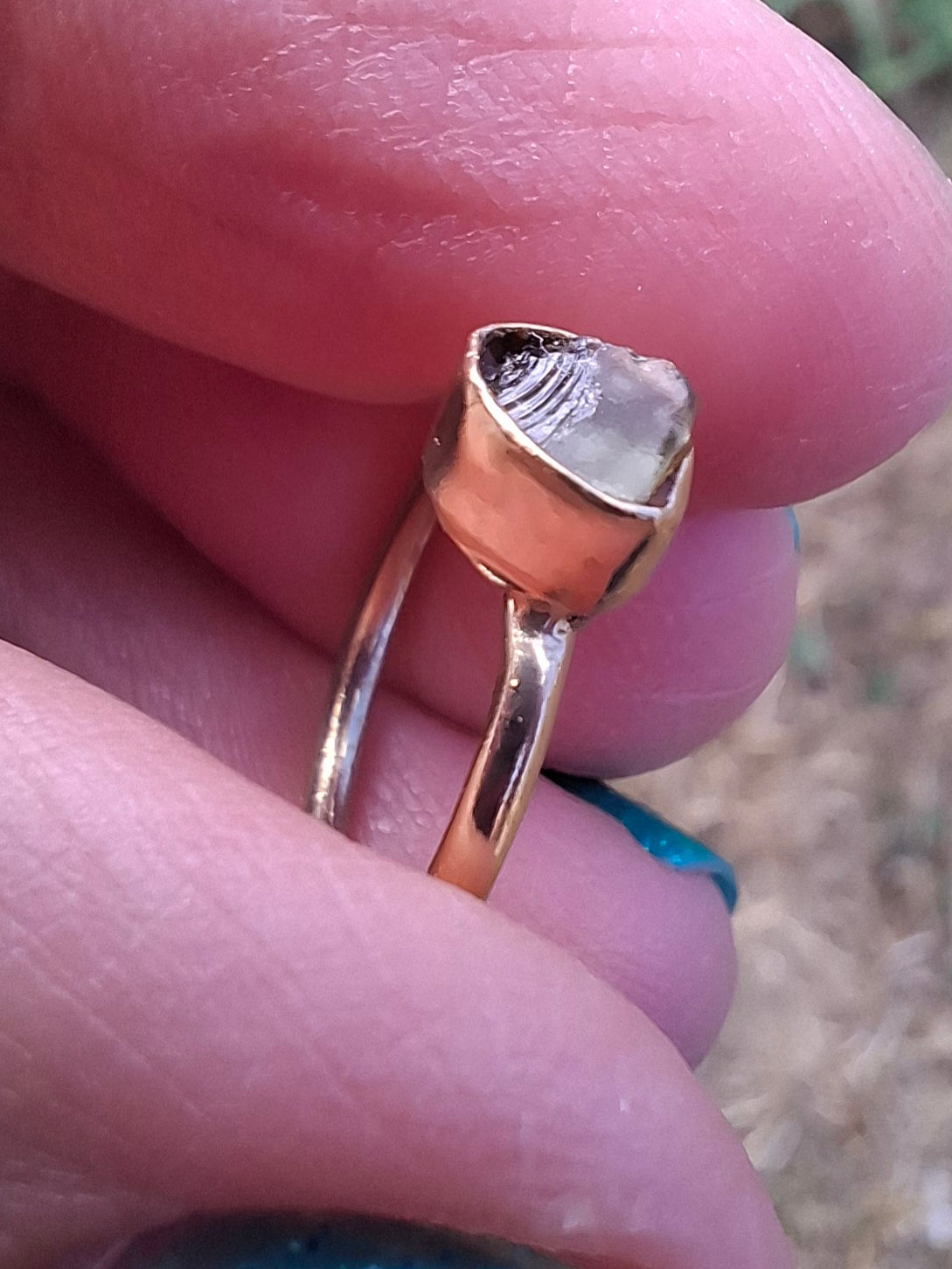 Moldavite Ring, 14K GOLD Plated, size large G / small H, Tektite (Ref: R334)
