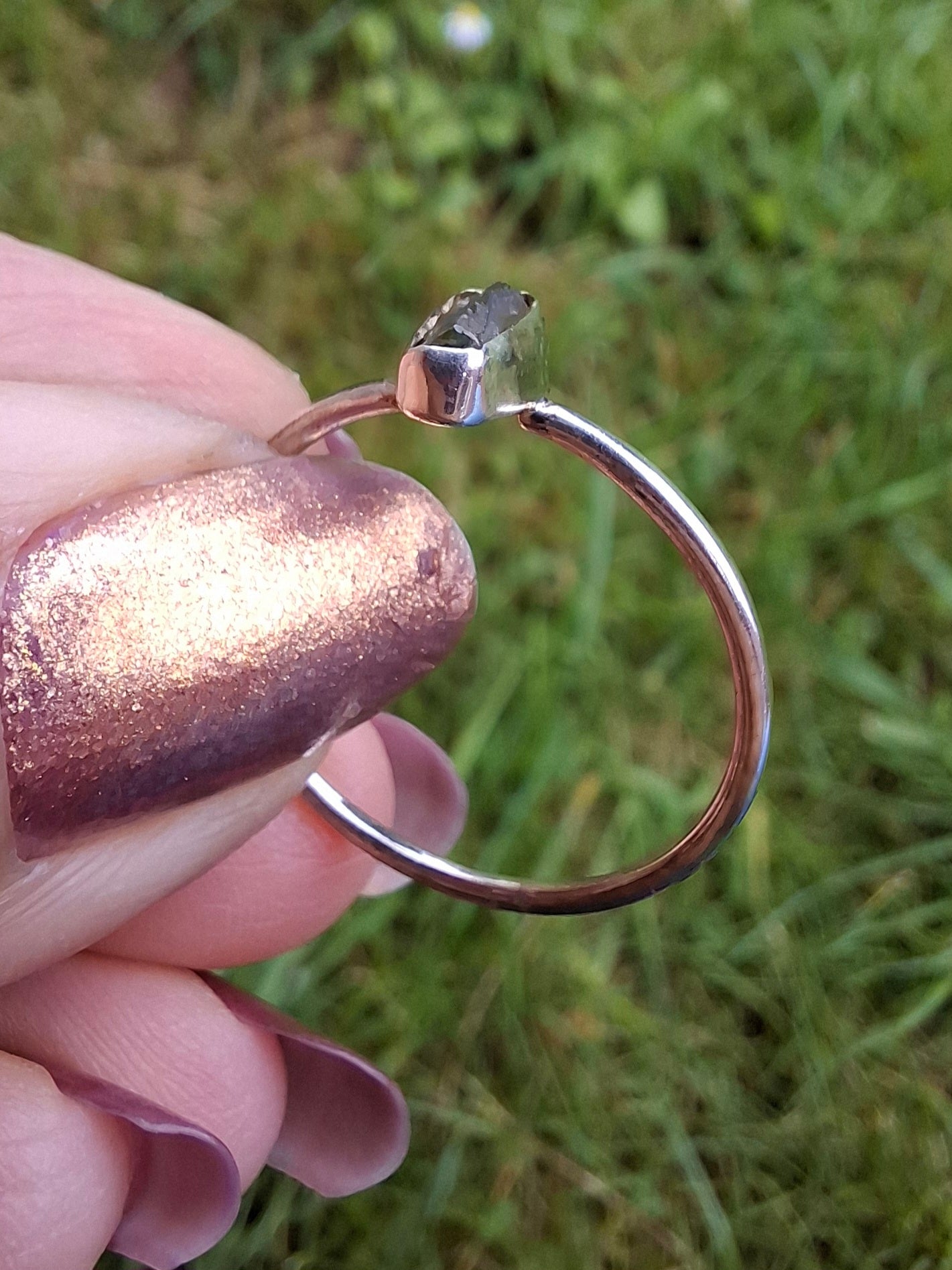 Moldavite Ring, size large T/small U, 925 Silver, Tektite (Ref: R71)