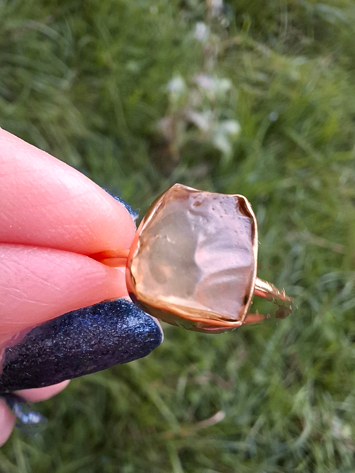Libyan Desert Glass Ring, 14K GOLD Plated, size large S, Tektite (Ref: LR72)