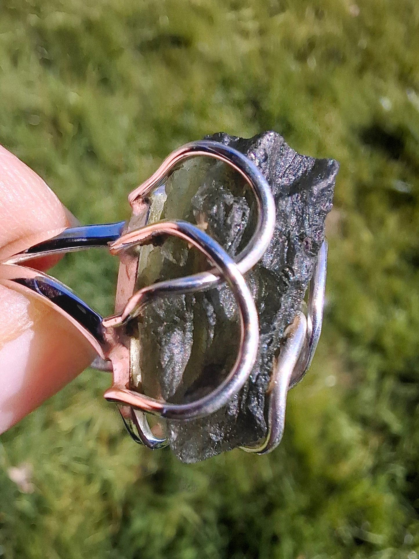 Moldavite Ring, size O, 925 Silver, Tektite (Ref: R8)