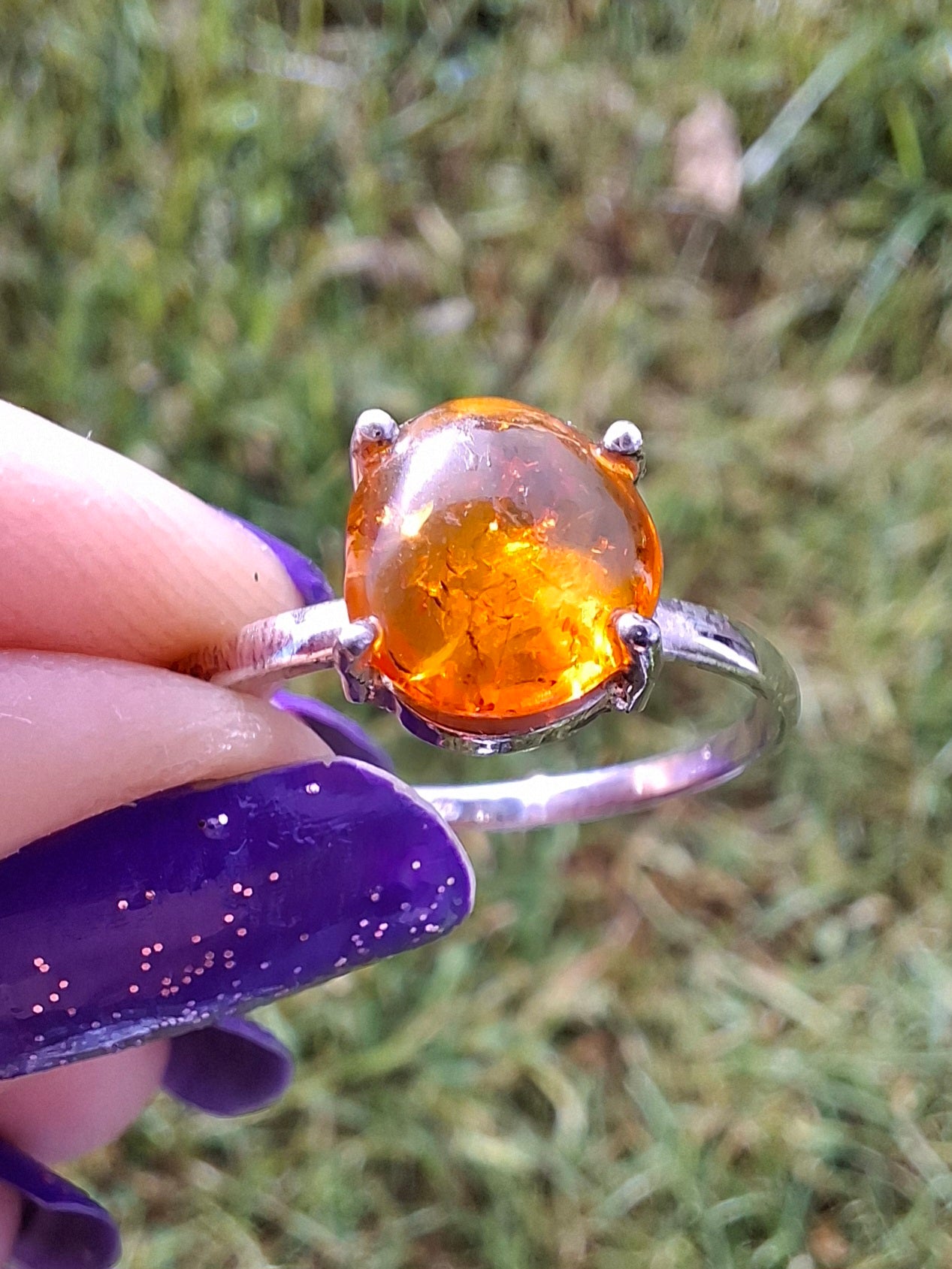 Baltic Amber Ring, size large W, 925 Silver, Fossil (Ref: AR27)