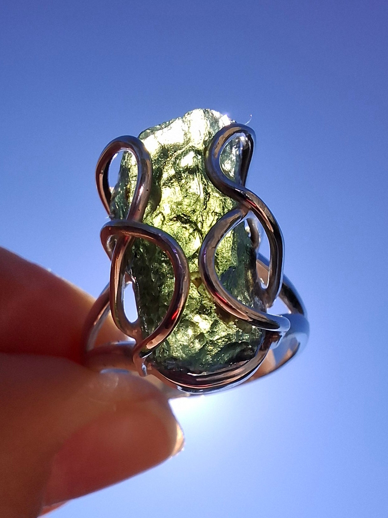 Moldavite Ring, size O, 925 Silver, Tektite (Ref: R9)