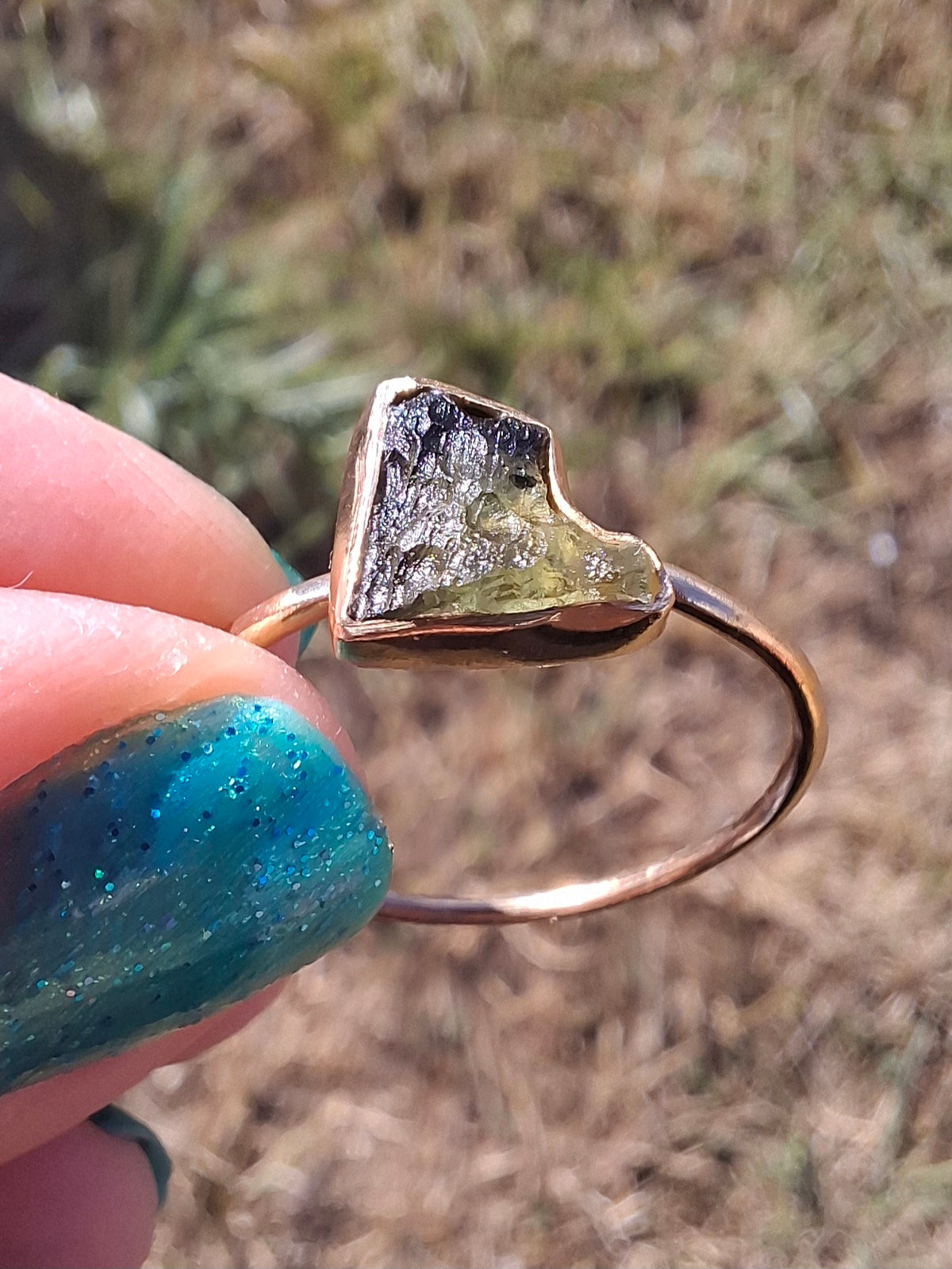 Moldavite Ring, 14K GOLD Plated, size large U, Tektite (Ref: R351)
