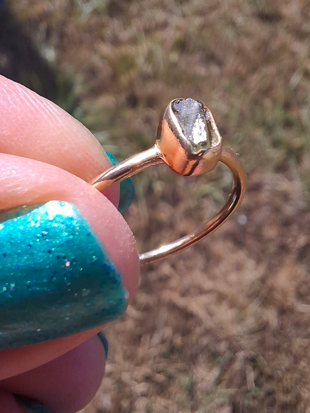 Moldavite Ring, 14K GOLD Plated, size large M, Tektite (Ref: R337)