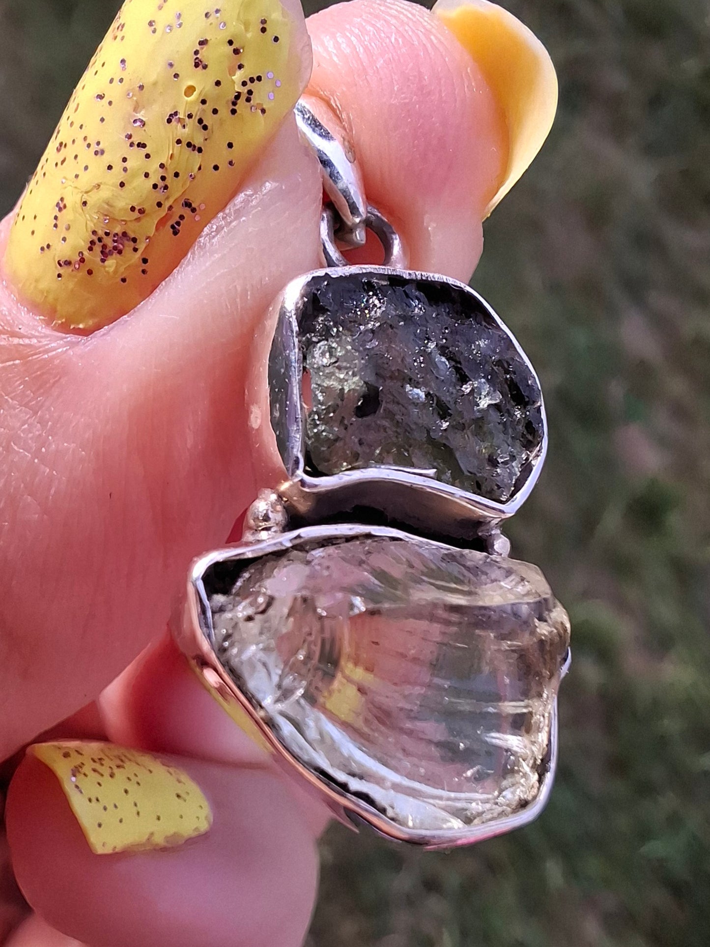 Moldavite & Libyan Desert Glass Pendant, 925 Silver, Tektite (Ref: MLP4)