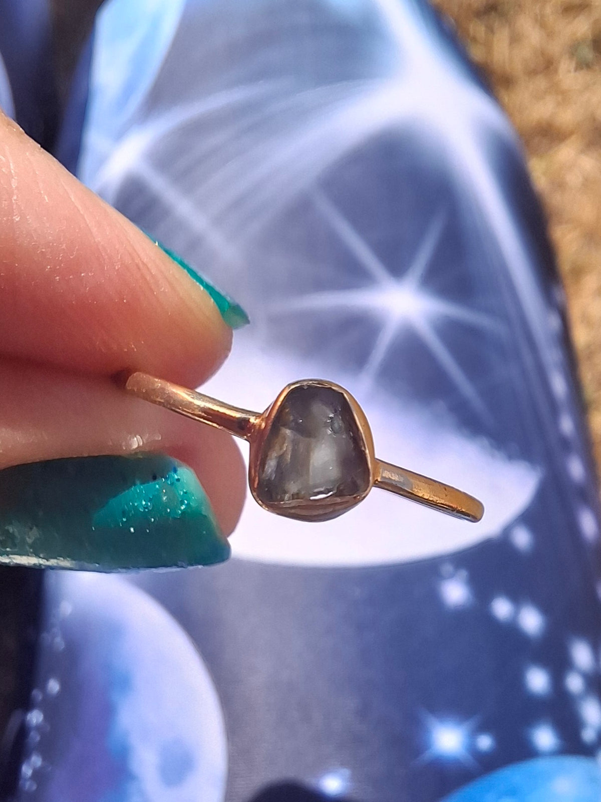 Moldavite Ring,14K GOLD Plated, size large O, Tektite (Ref: R344)