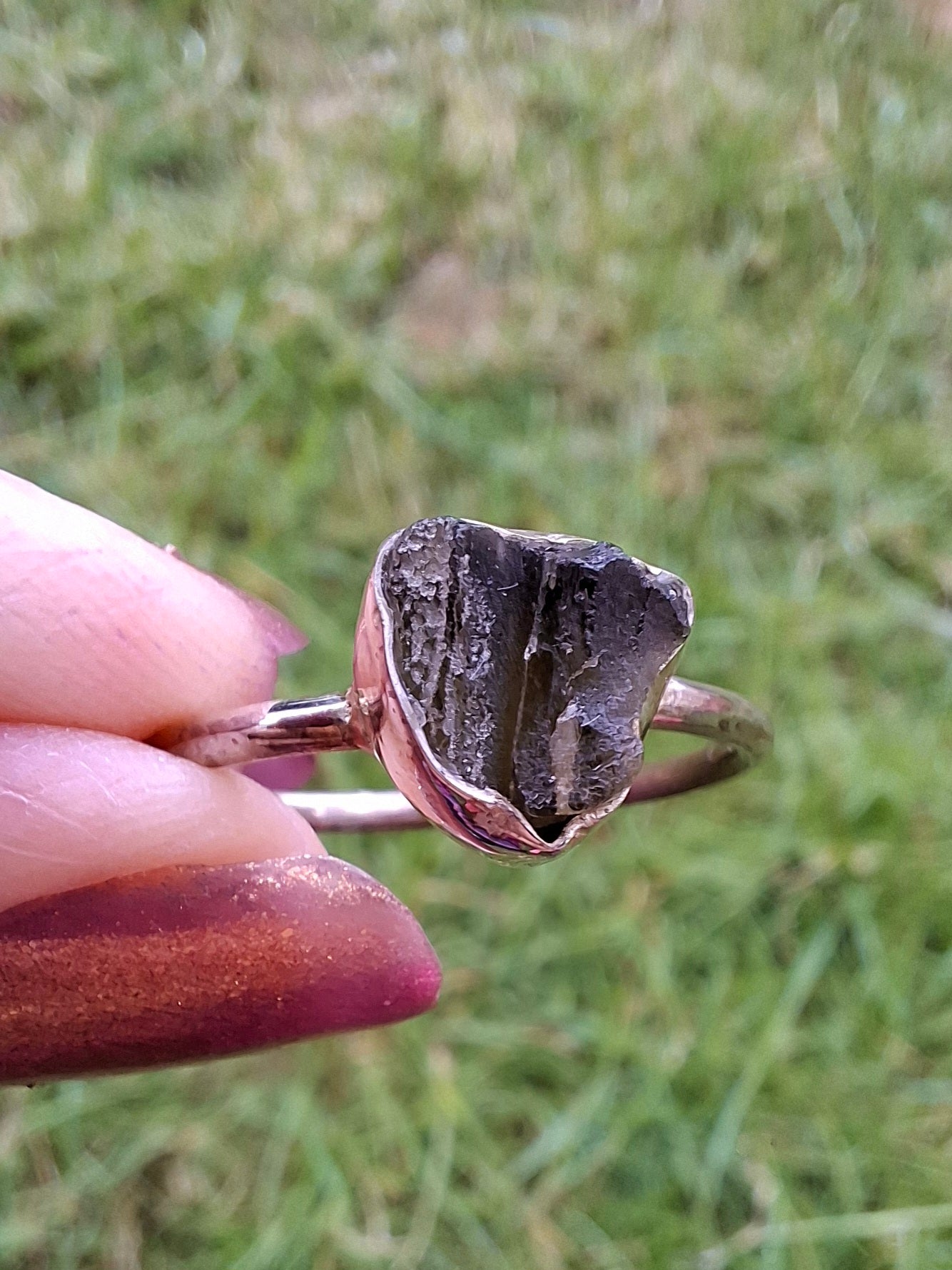 Moldavite Ring, size small X, 925 Silver, Tektite (Ref: R33)