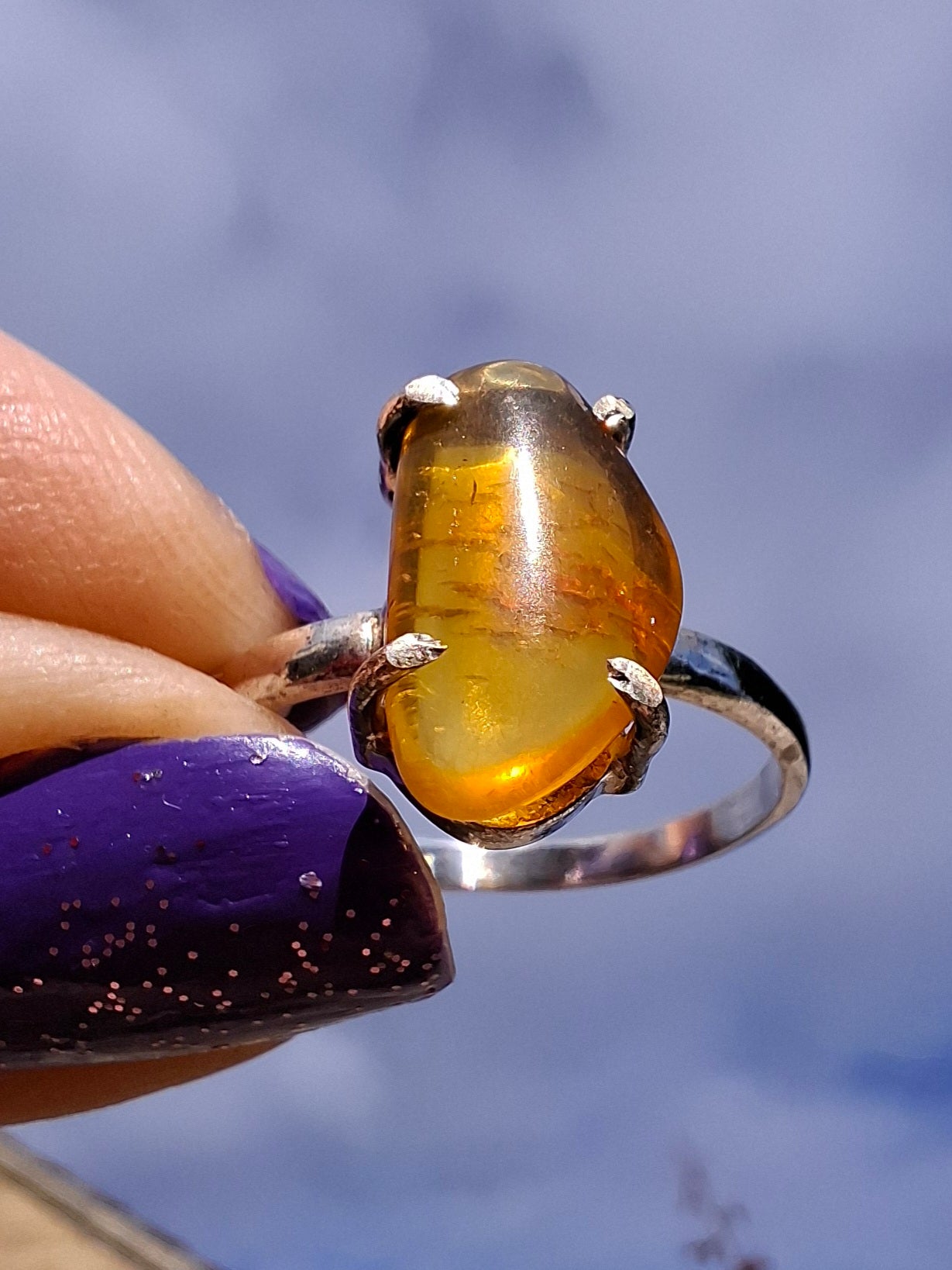 Baltic Amber Ring, size large T, 925 Silver, Fossil (Ref: AR18)