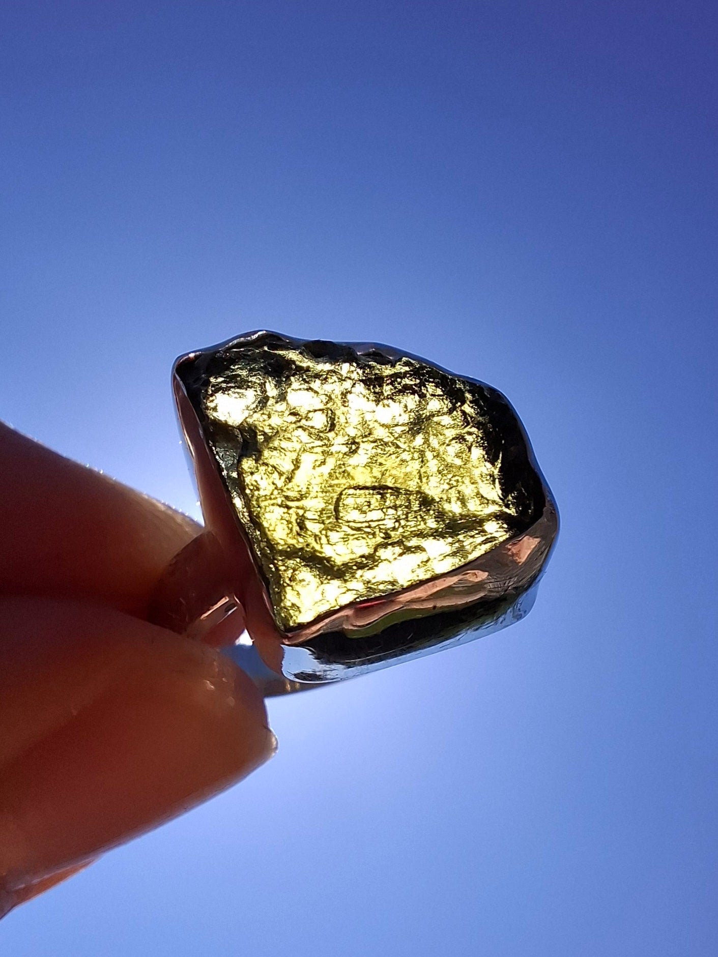 Moldavite Ring, size P, 925 Silver, Tektite (Ref: R314)