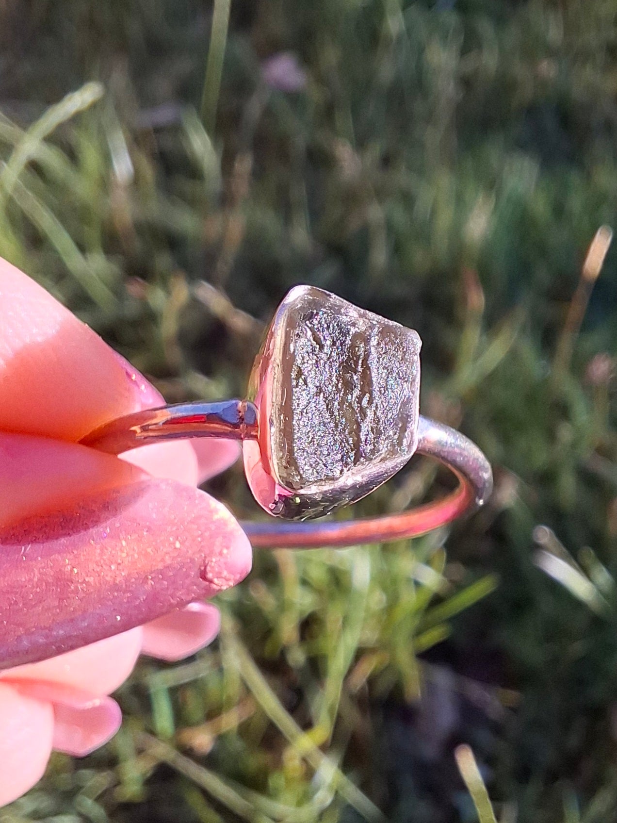 Moldavite Ring, size small W, 925 Silver, Tektite (Ref: R59)