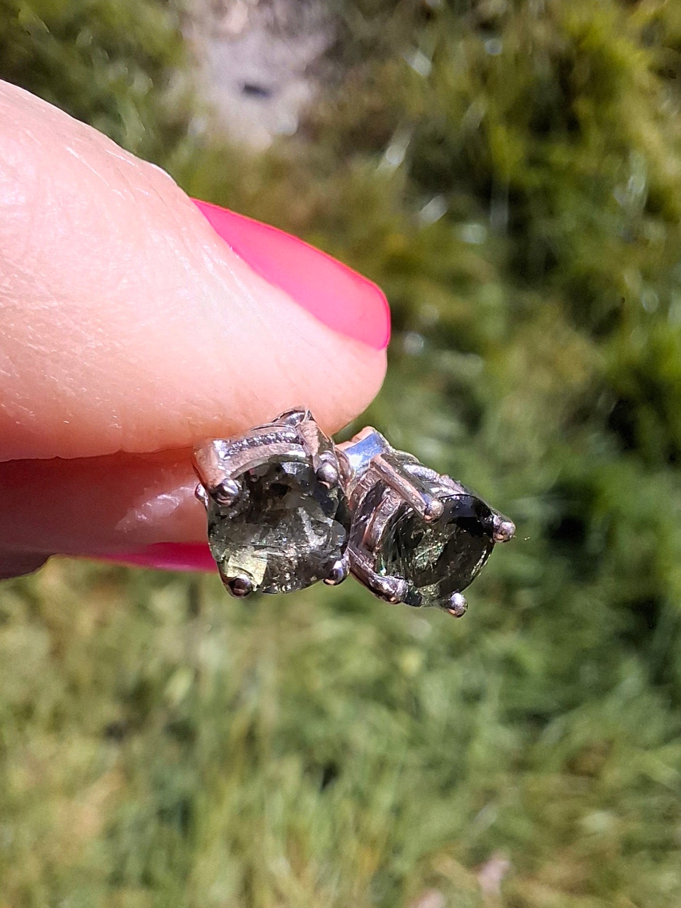 Moldavite (faceted), 5mm STUD EARRINGS, 925 Silver, Tektite (Ref: Pair52)
