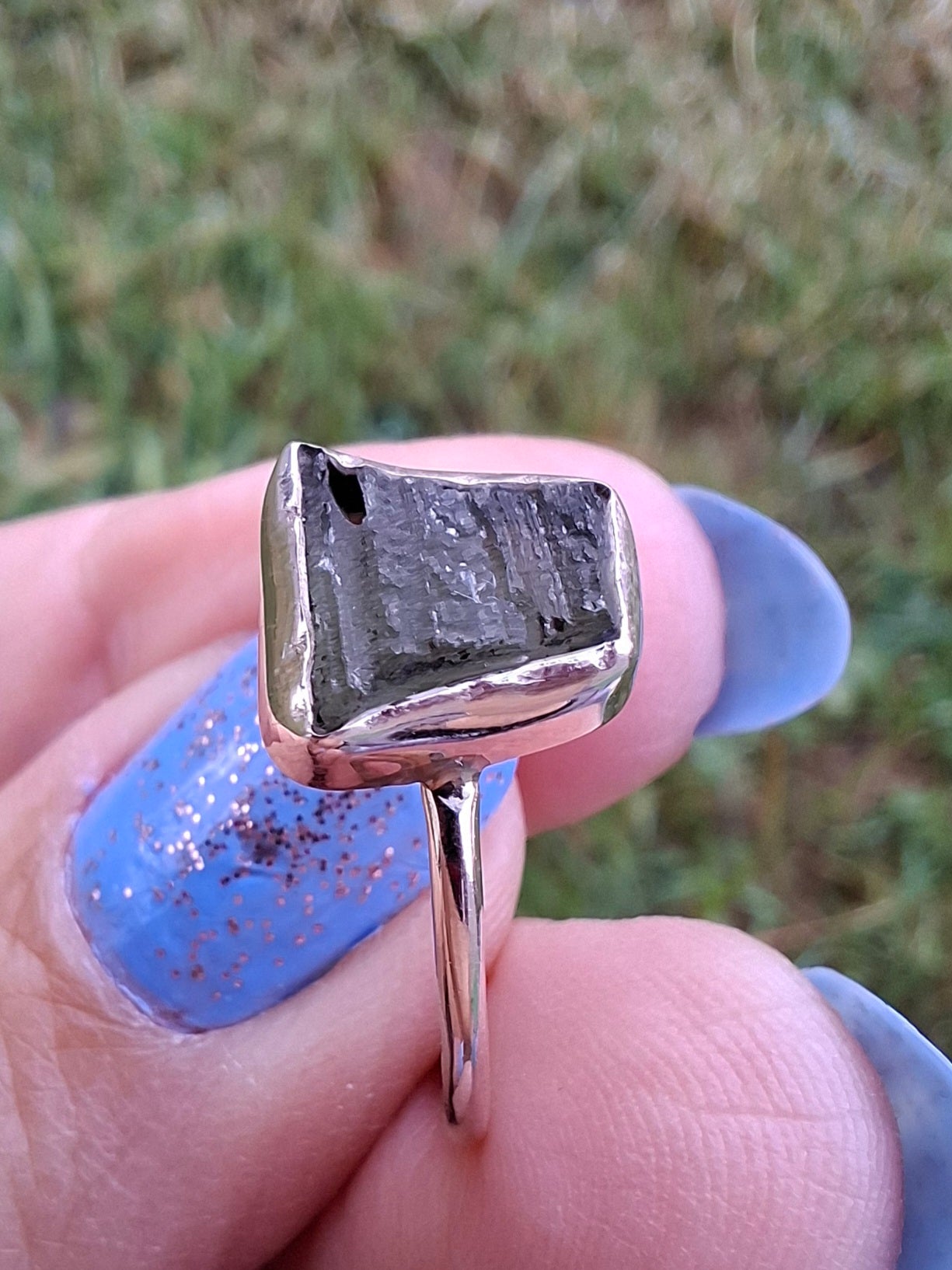 Moldavite Ring, size large P/small Q, 925 Silver, Tektite (Ref: R26)