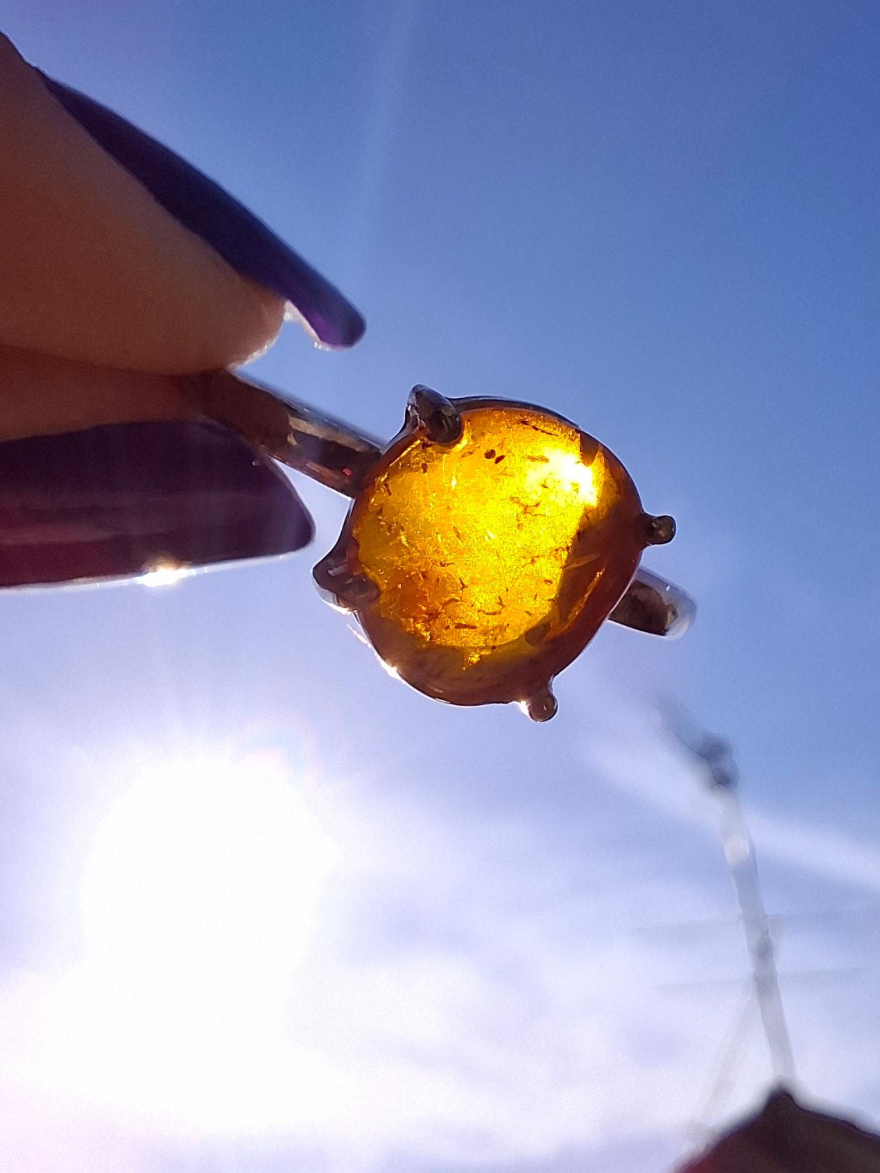 Baltic Amber Ring, size large W, 925 Silver, Fossil (Ref: AR27)