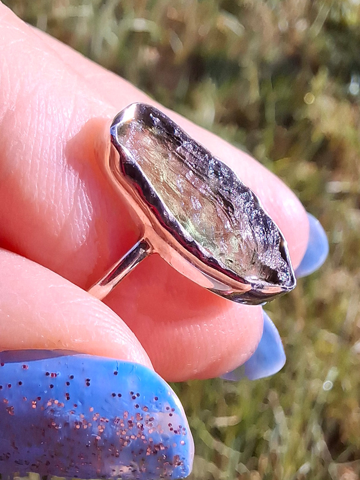 Moldavite Ring, size large R, 925 Silver, Tektite (Ref: R27)