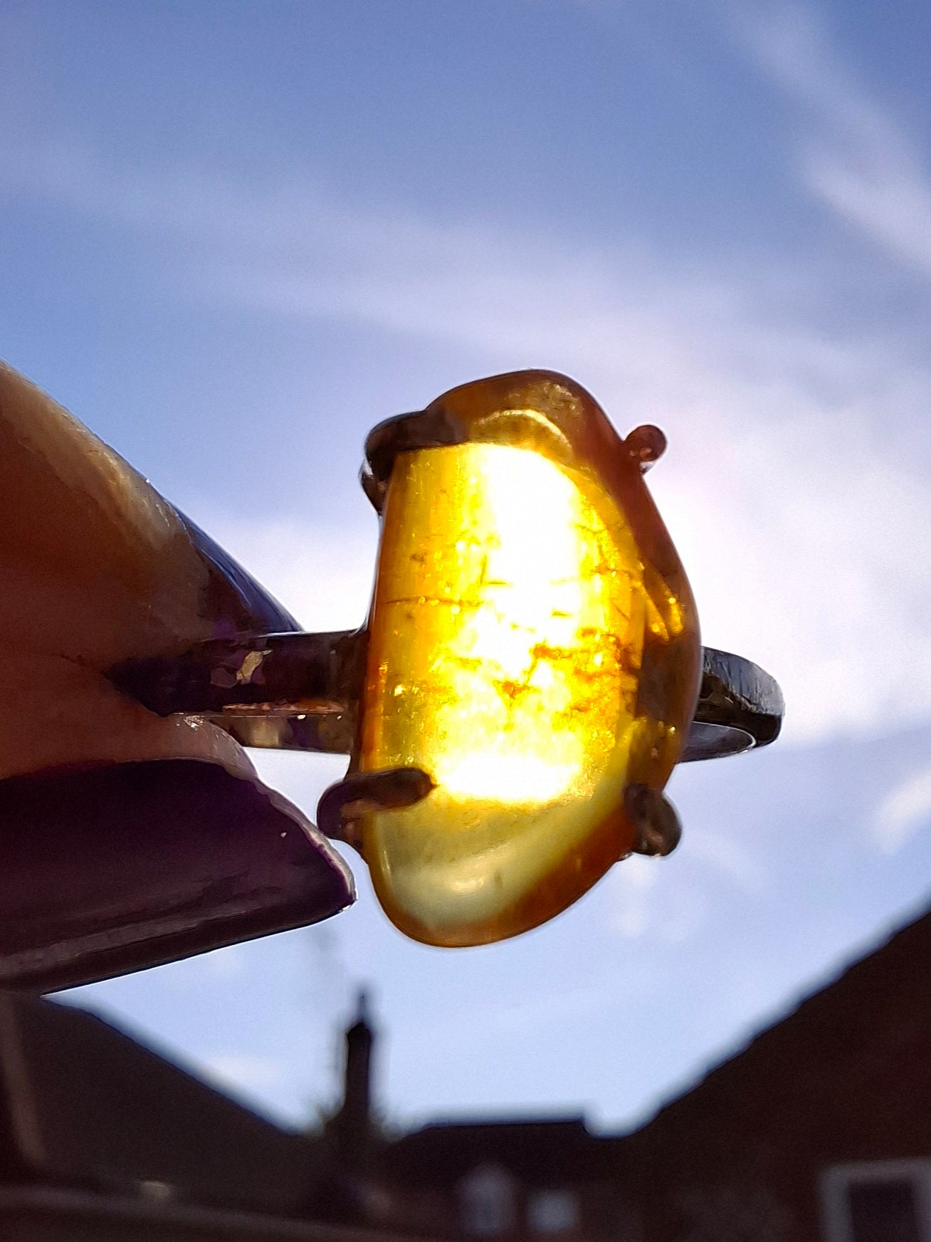 Baltic Amber Ring, size large T, 925 Silver, Fossil (Ref: AR18)