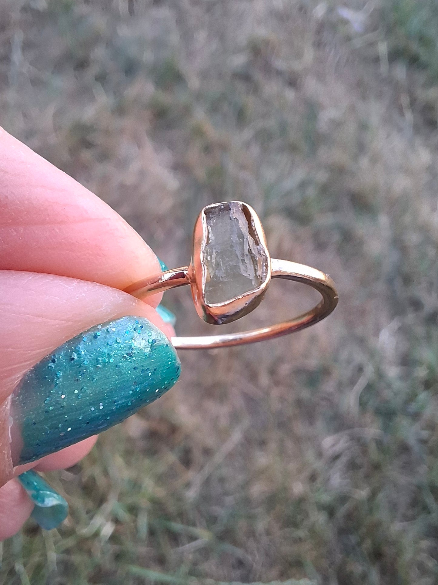 Moldavite Ring, 14K GOLD Plated, size large M, Tektite (Ref: R341)