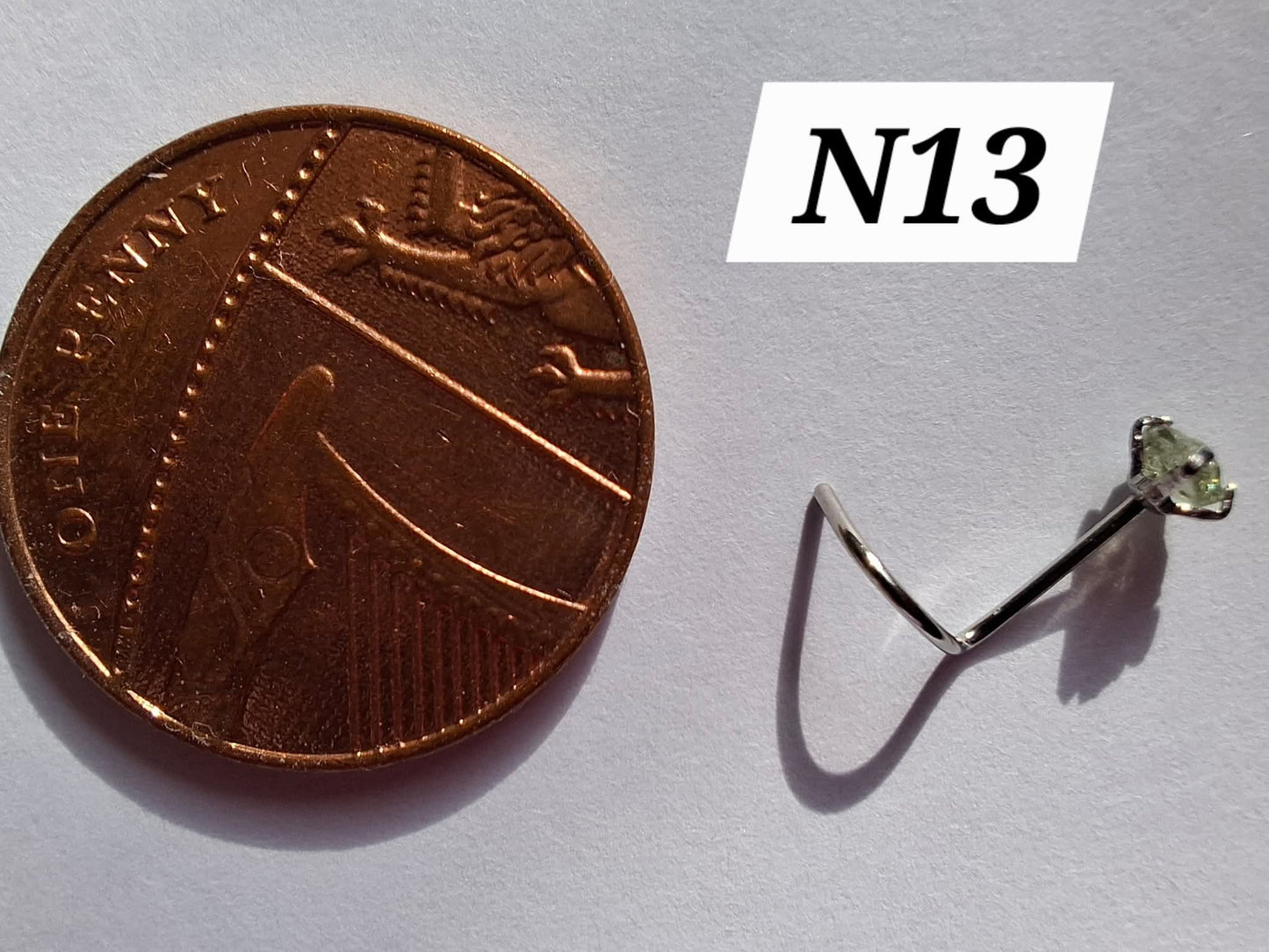 Moldavite (raw) NOSE STUD, 22G, Corkscrew, Surgical Steel, Tektite (Ref: N13)
