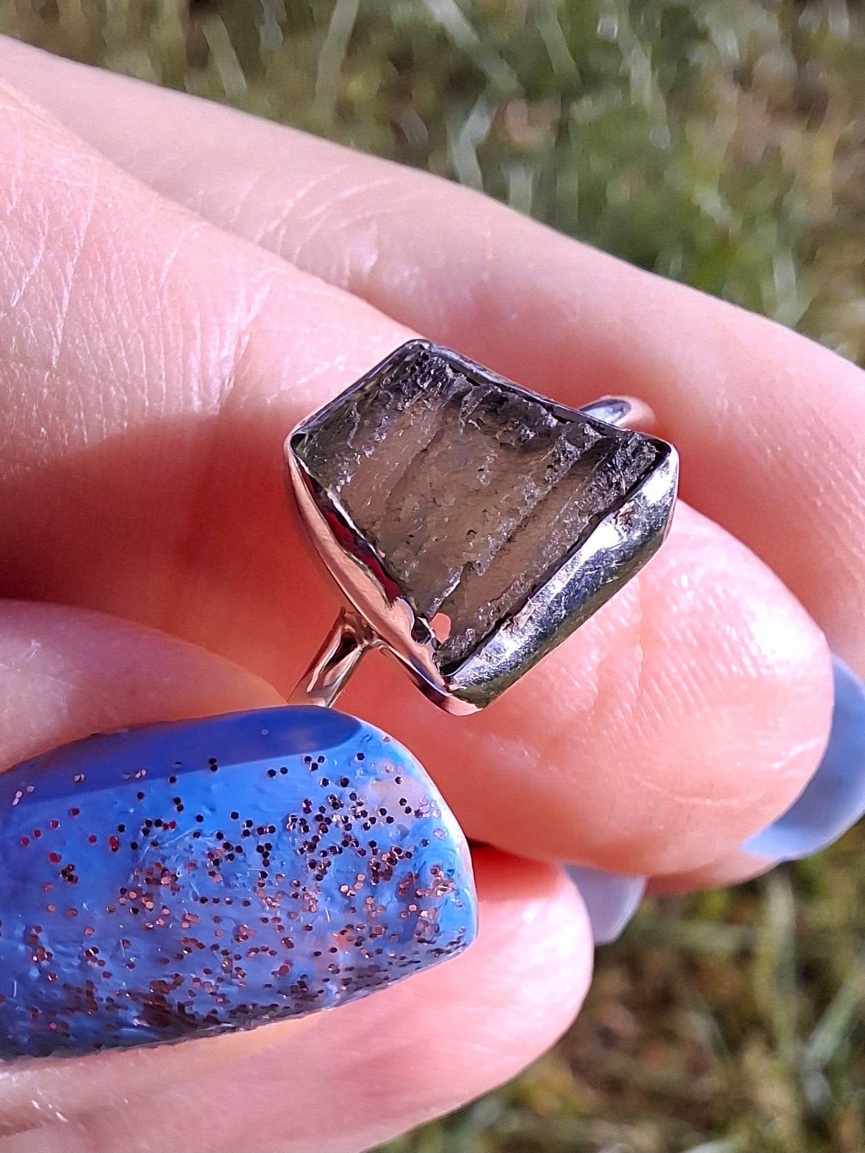Moldavite Ring, size large P/small Q, 925 Silver, Tektite (Ref: R26)