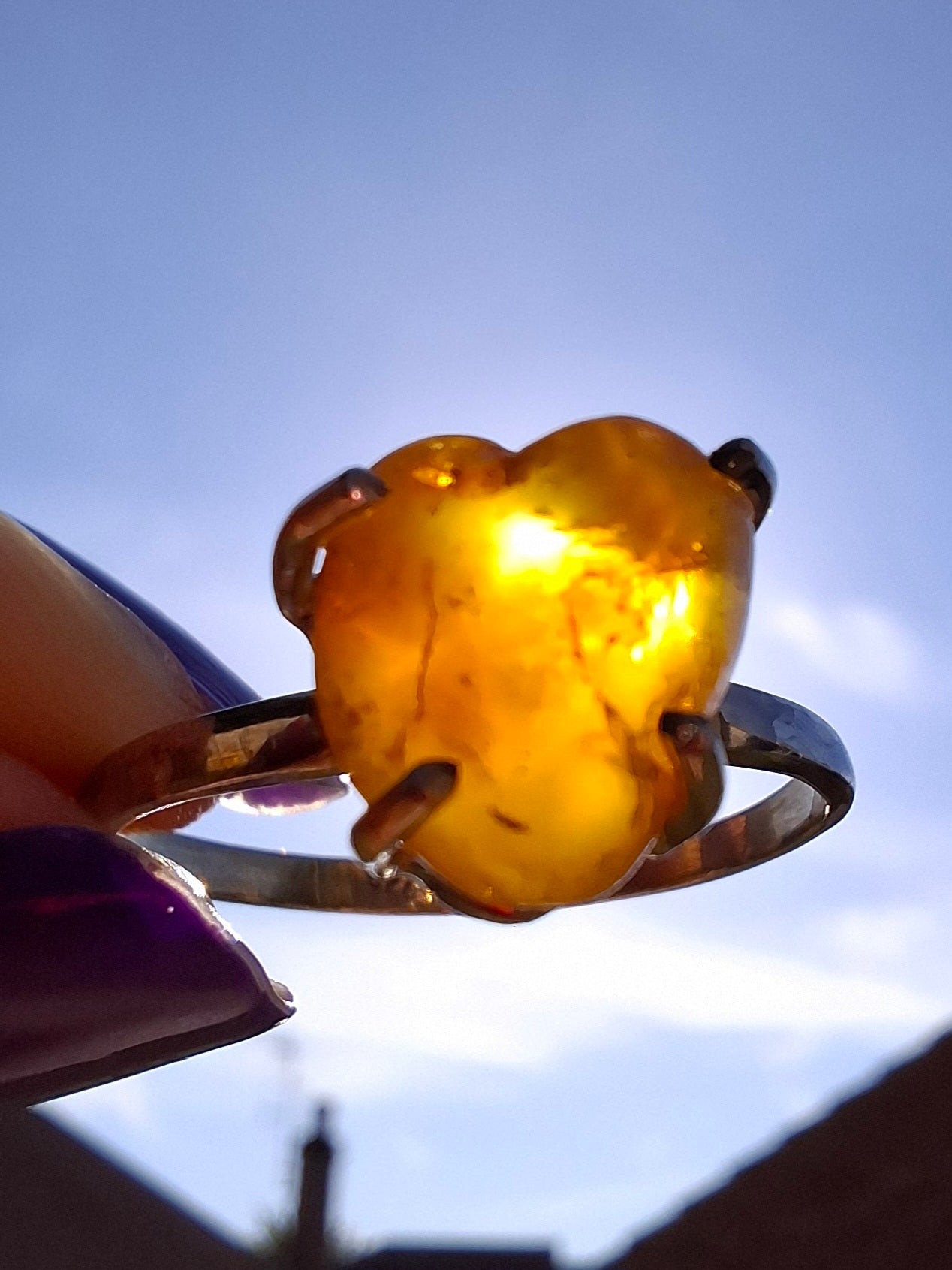 Baltic Amber Ring, size large Y, 925 Silver, Fossil (Ref: AR39)