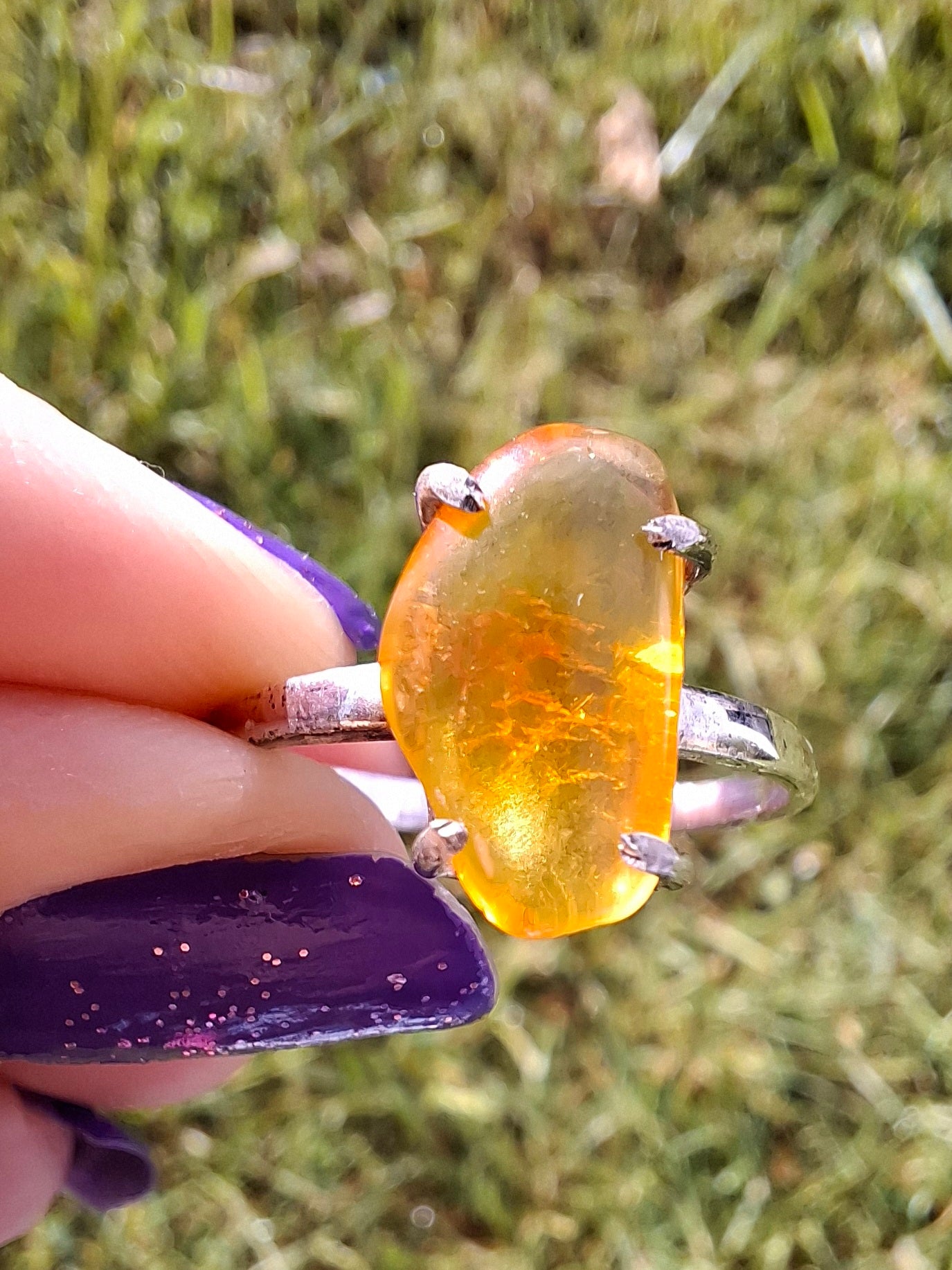 Baltic Amber Ring, size large T, 925 Silver, Fossil (Ref: AR18)