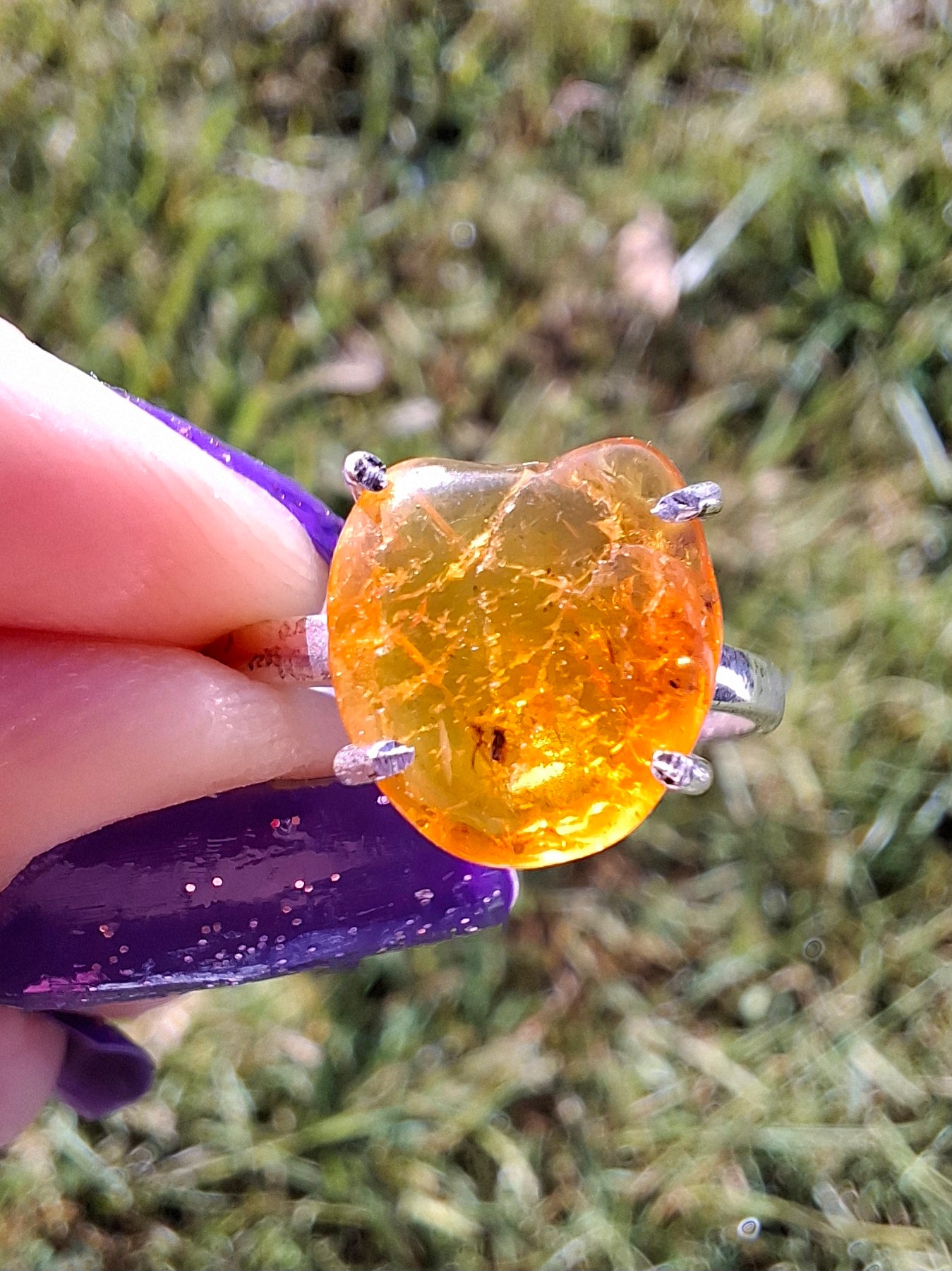 Baltic Amber Ring, size large Q, 925 Silver, Fossil (Ref: AR14)