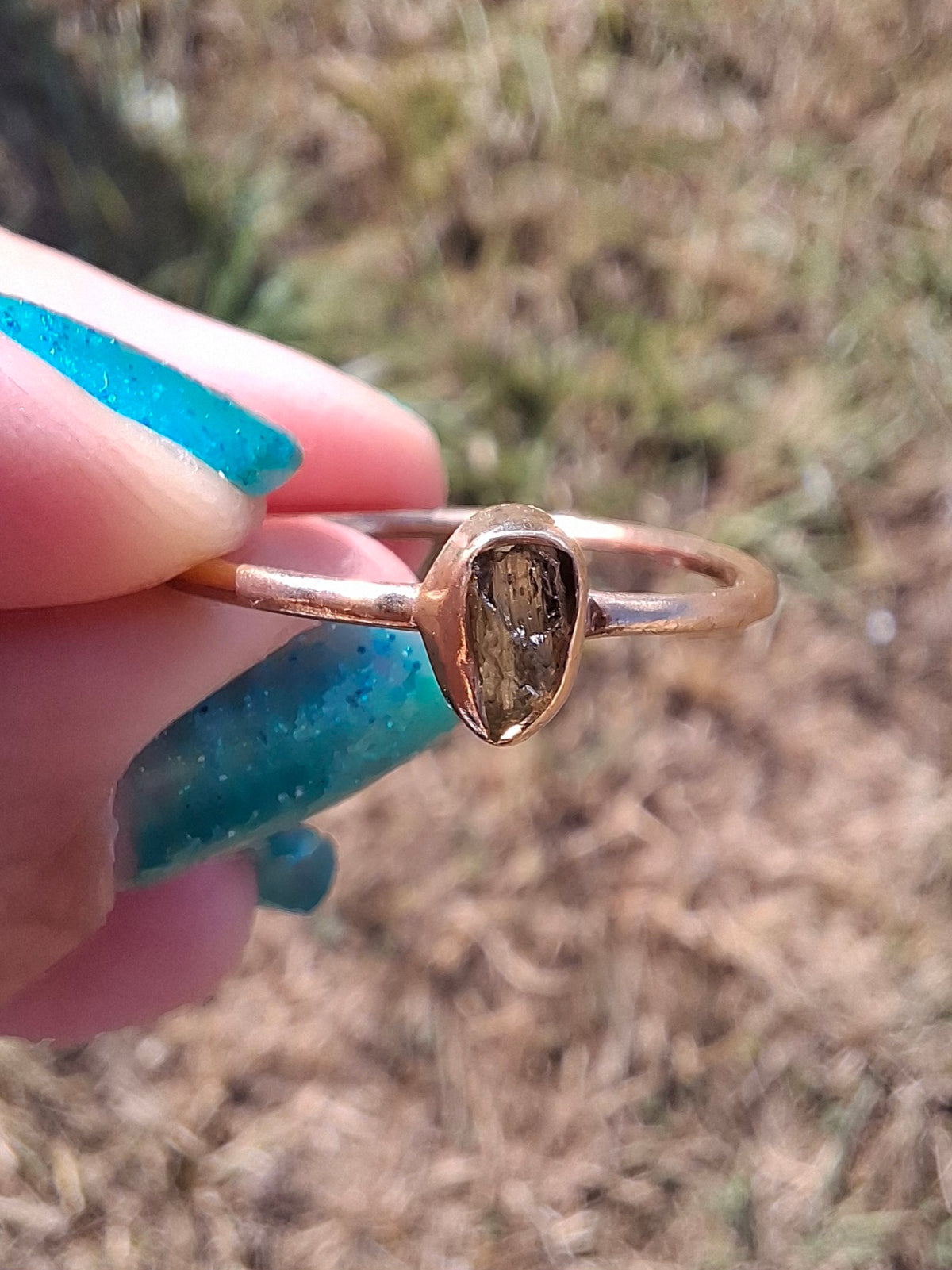 Moldavite Ring, 14K GOLD Plated, size large S, Tektite (Ref: R345)