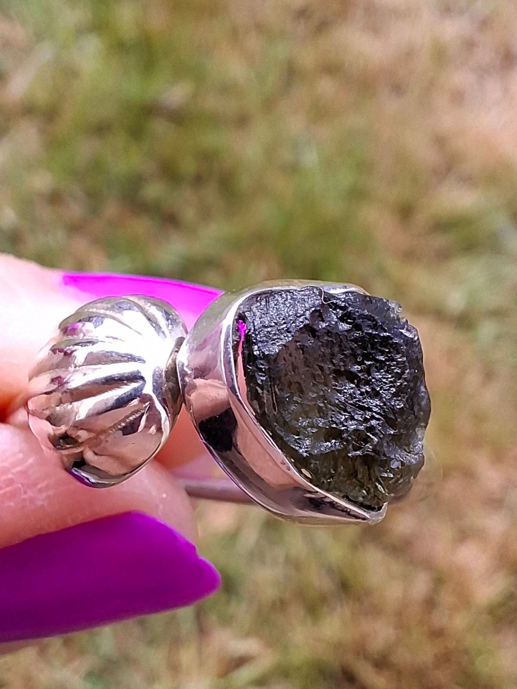 Moldavite ADJUSTABLE Ring, size large V/small W, 925 Silver, Tektite (Ref: AR51)