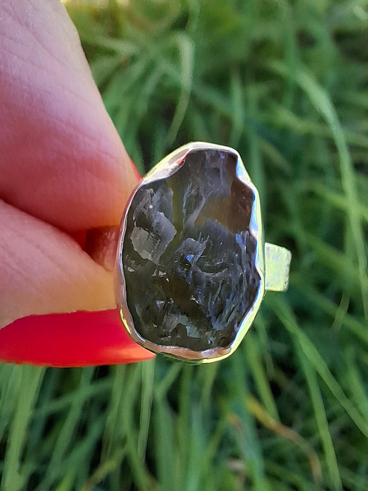 Moldavite Ring, size H, 925 Silver, Tektite (Ref: R294)