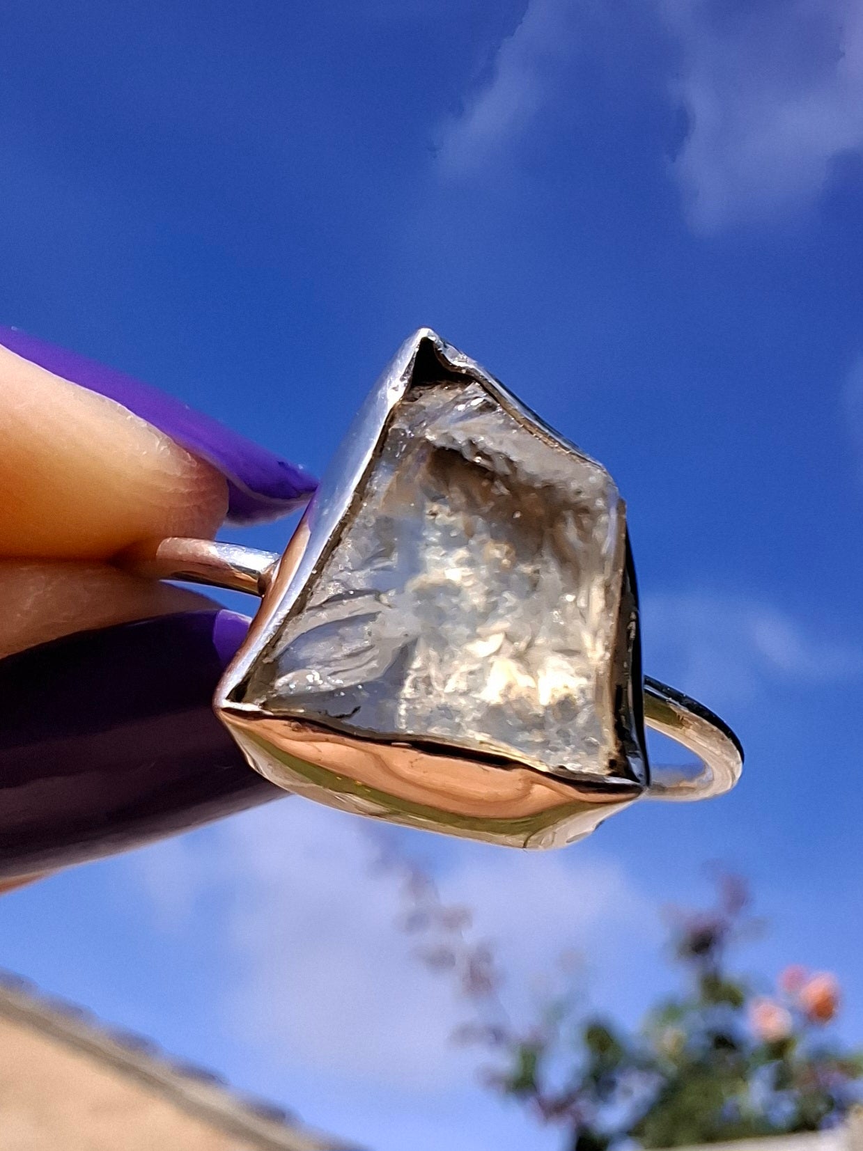Libyan Desert Glass Ring, size large V, 925 Silver, Tektite (Ref: LR58)