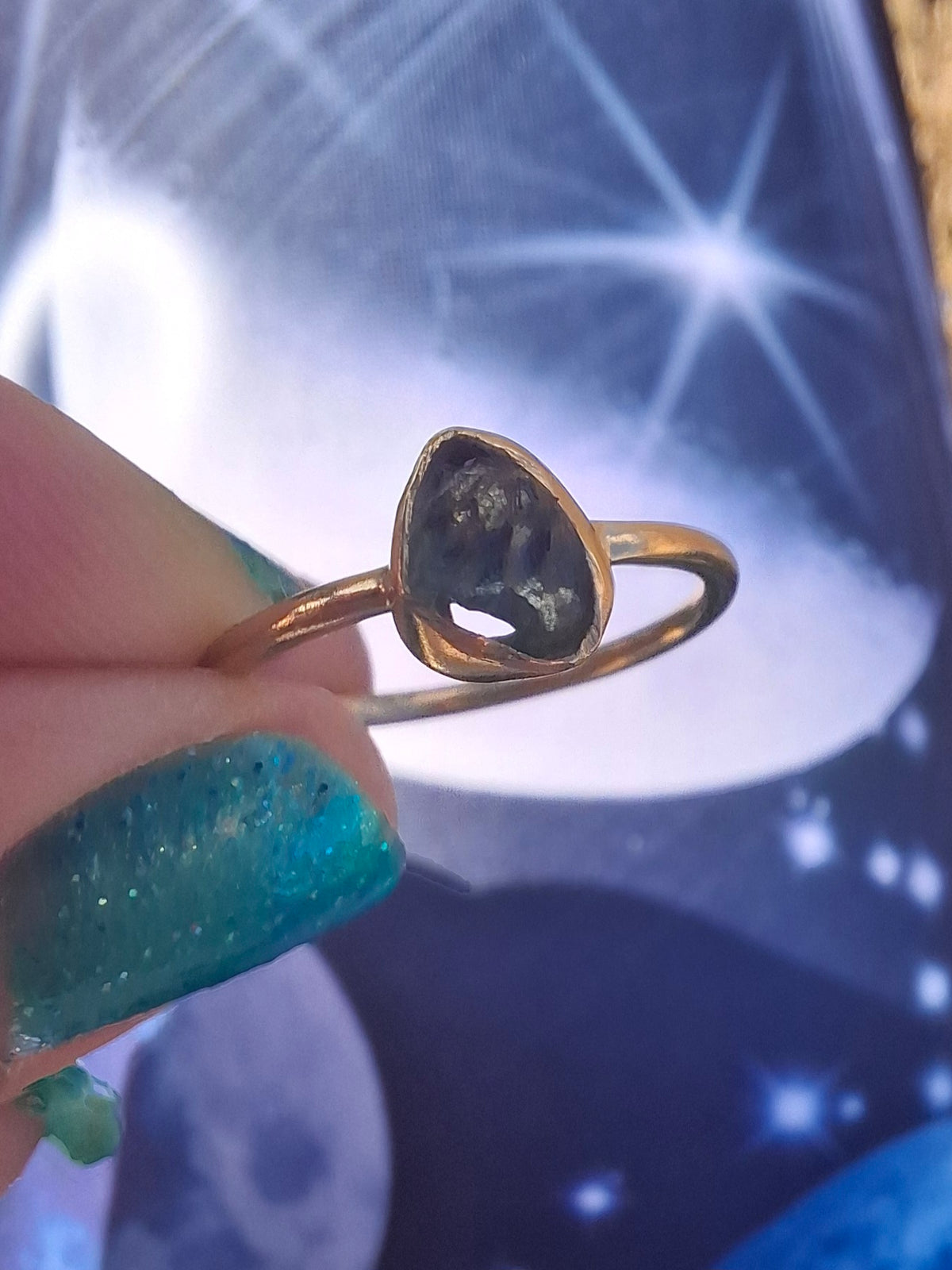 Moldavite Ring, 14K GOLD Plated, size large L, Tektite (Ref: R343)