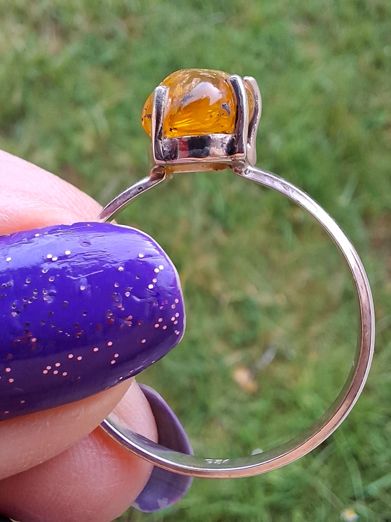 Baltic Amber Ring, size large Y, 925 Silver, Fossil (Ref: AR37)