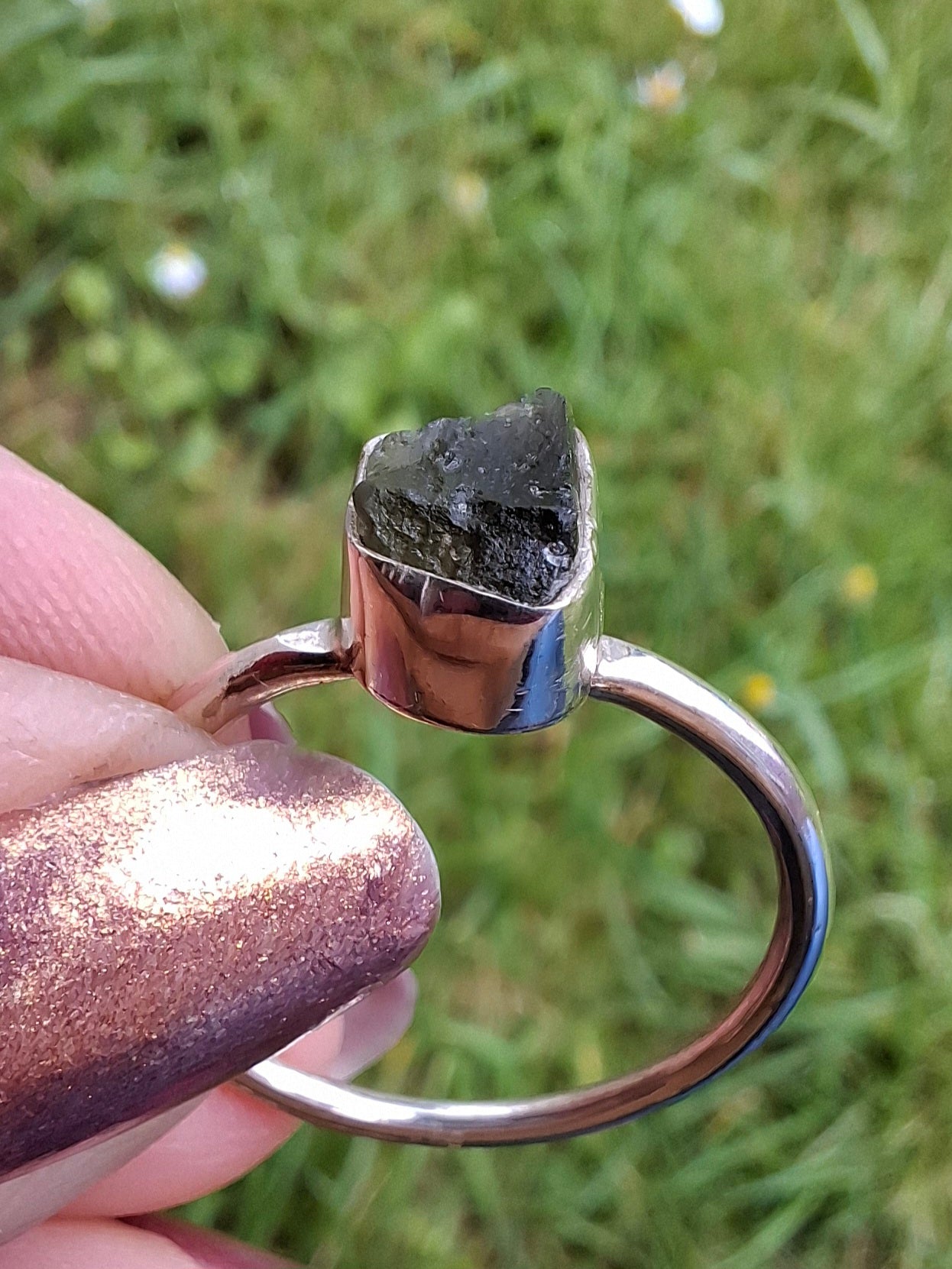 Moldavite Ring, size small W, 925 Silver, Tektite (Ref: R59)