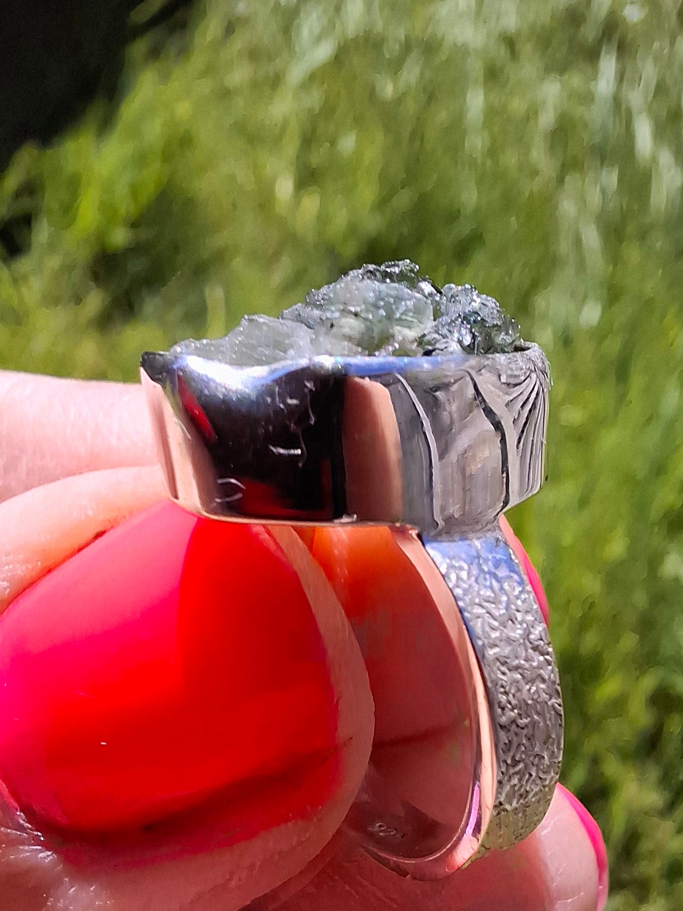 Moldavite Ring, size H, 925 Silver, Tektite (Ref: R294)