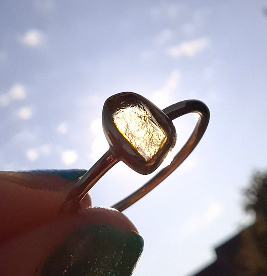 Moldavite Ring, 14K GOLD Plated, size small L, Tektite (Ref: R342)