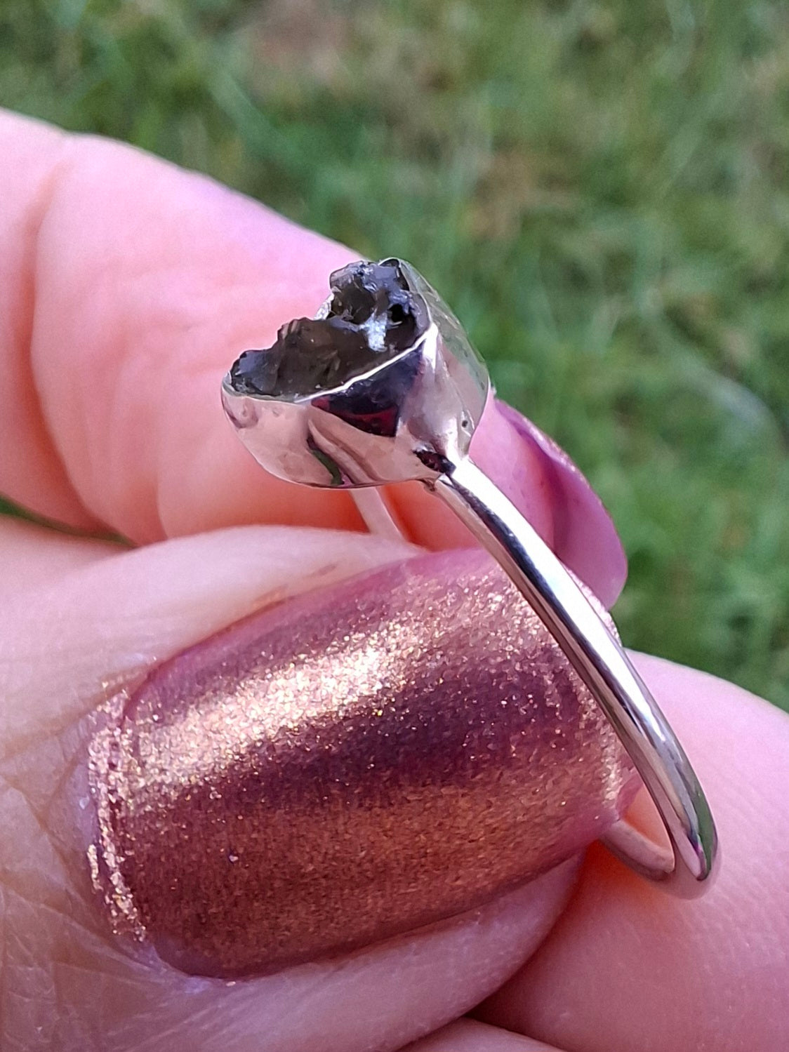 Moldavite Ring, Size small L, 925 Silver, Tektite (Ref: R34)
